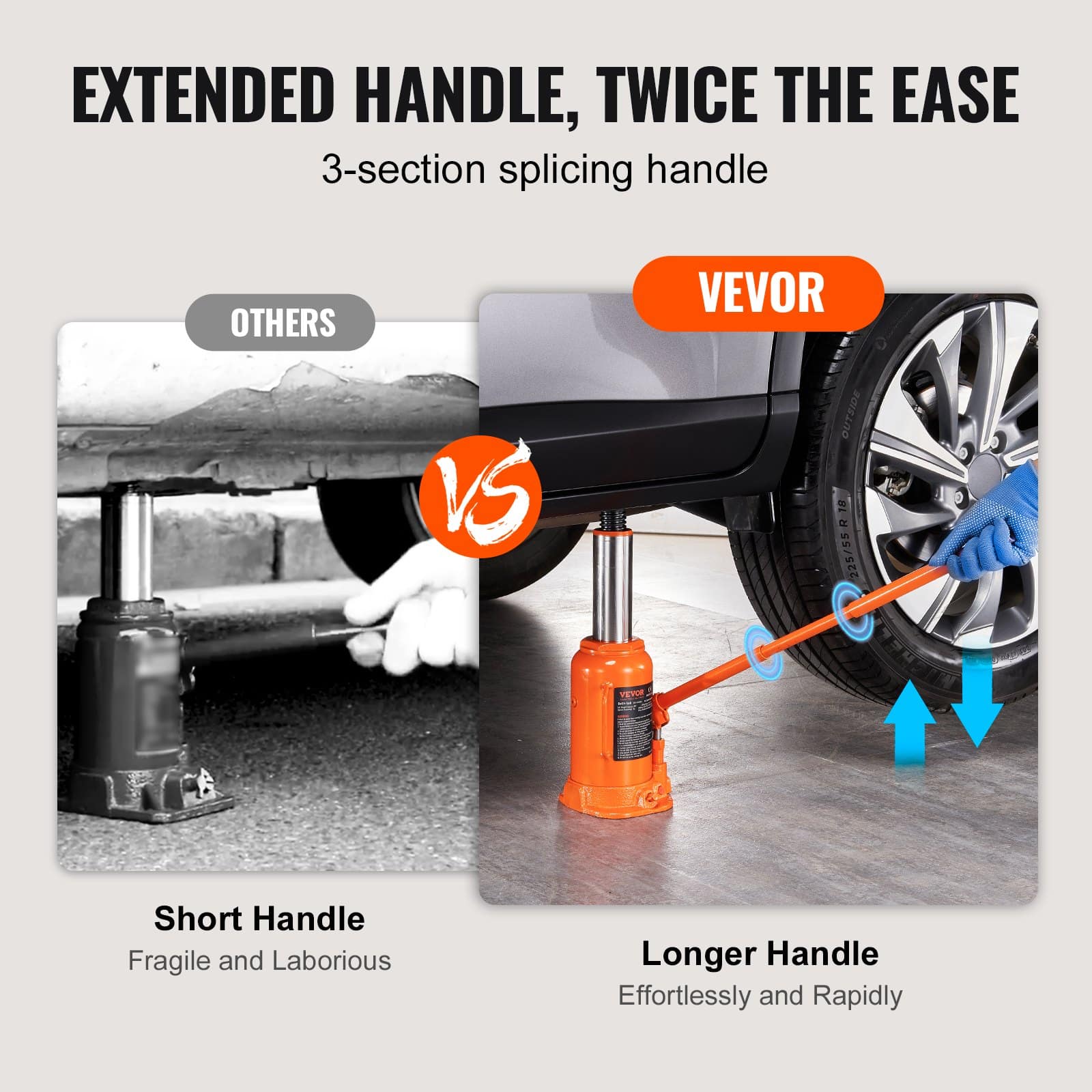 VEVOR 20 Ton Hydraulic Bottle Jack, 240-450 mm Lift Range, 3-Section Handle, for Car, Truck, RV, Auto Repair & Industry - Image 5