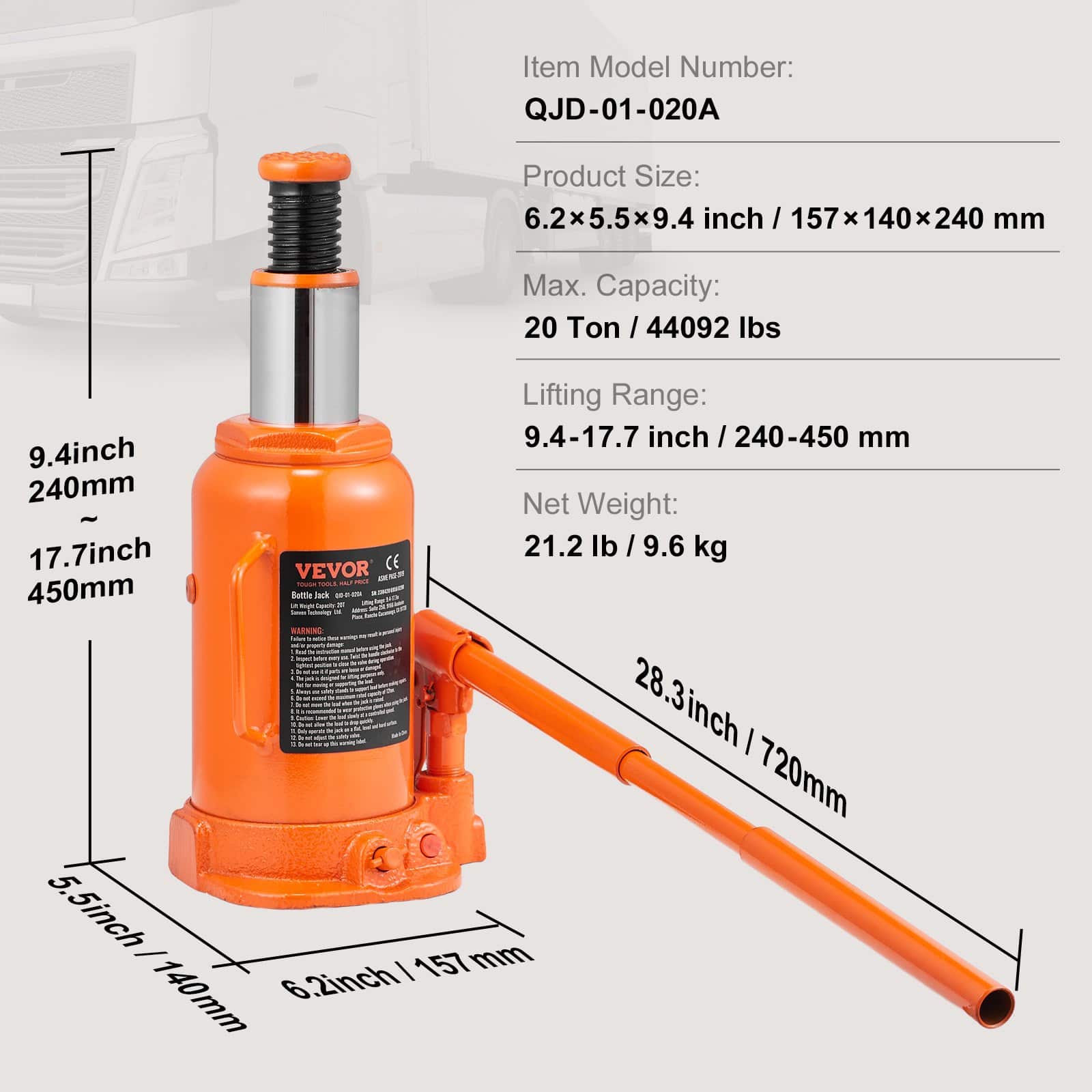 VEVOR 20 Ton Hydraulic Bottle Jack, 240-450 mm Lift Range, 3-Section Handle, for Car, Truck, RV, Auto Repair & Industry - Image 7