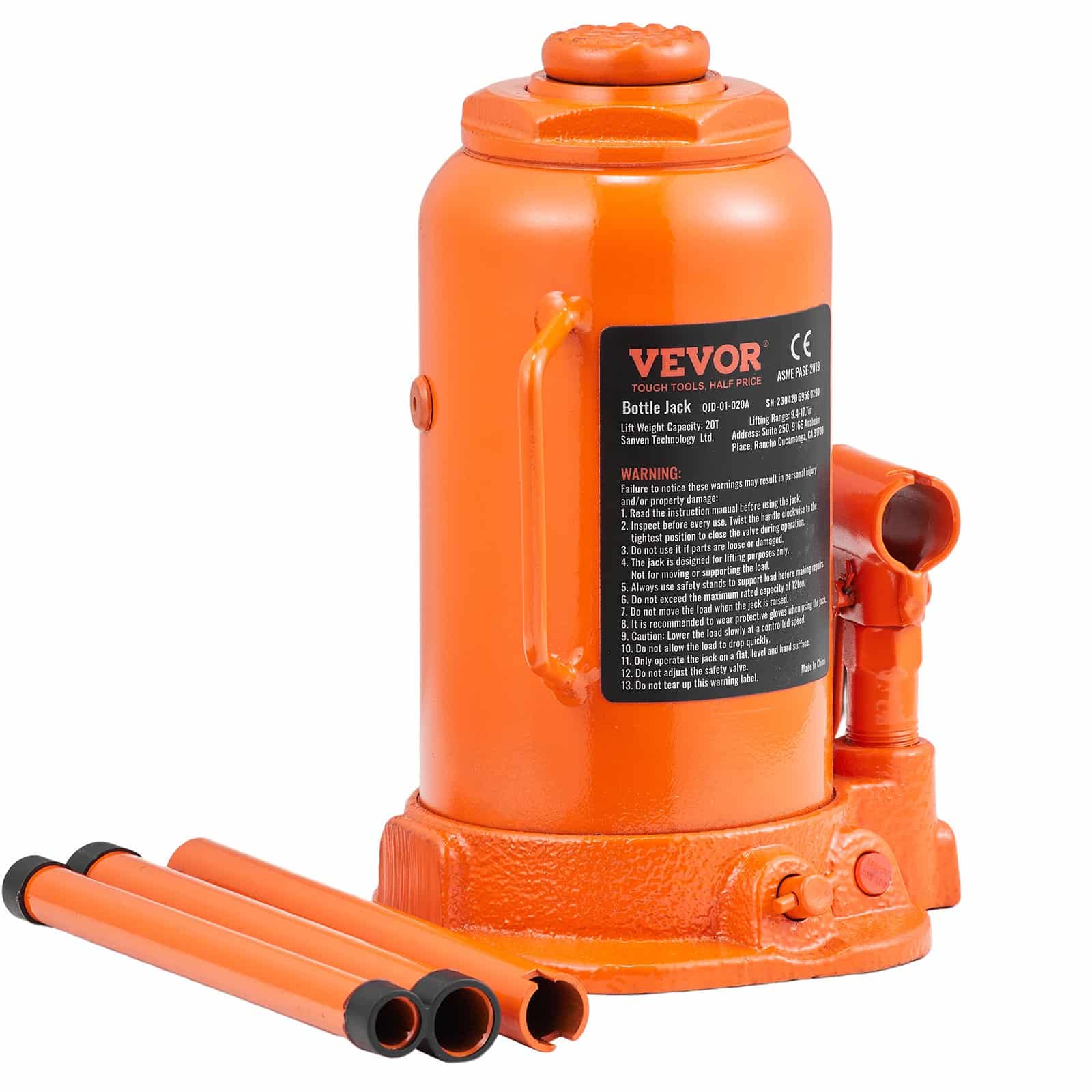 VEVOR 20 Ton Hydraulic Bottle Jack, 240-450 mm Lift Range, 3-Section Handle, for Car, Truck, RV, Auto Repair & Industry - Image 10