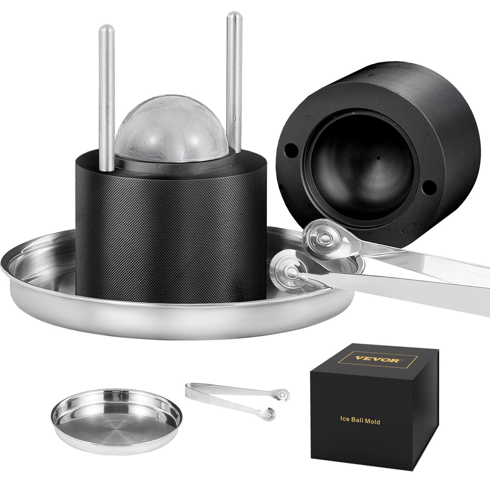 VEVOR 60mm Ice Ball Press Kit – Aircraft Aluminum Ice Sphere Maker with Tong & Tray for Whiskey, Cocktails, Black