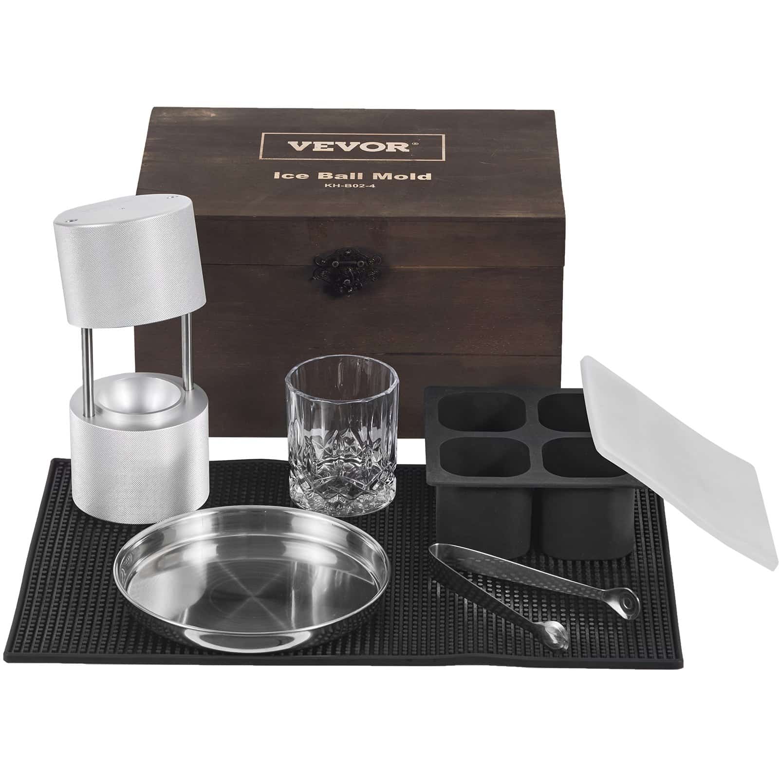 VEVOR 60 mm Ice Ball Press Kit – Aluminum Ice Sphere Maker with Mold, Tray, Tong & Glass for Whiskey, Cocktails & Parties