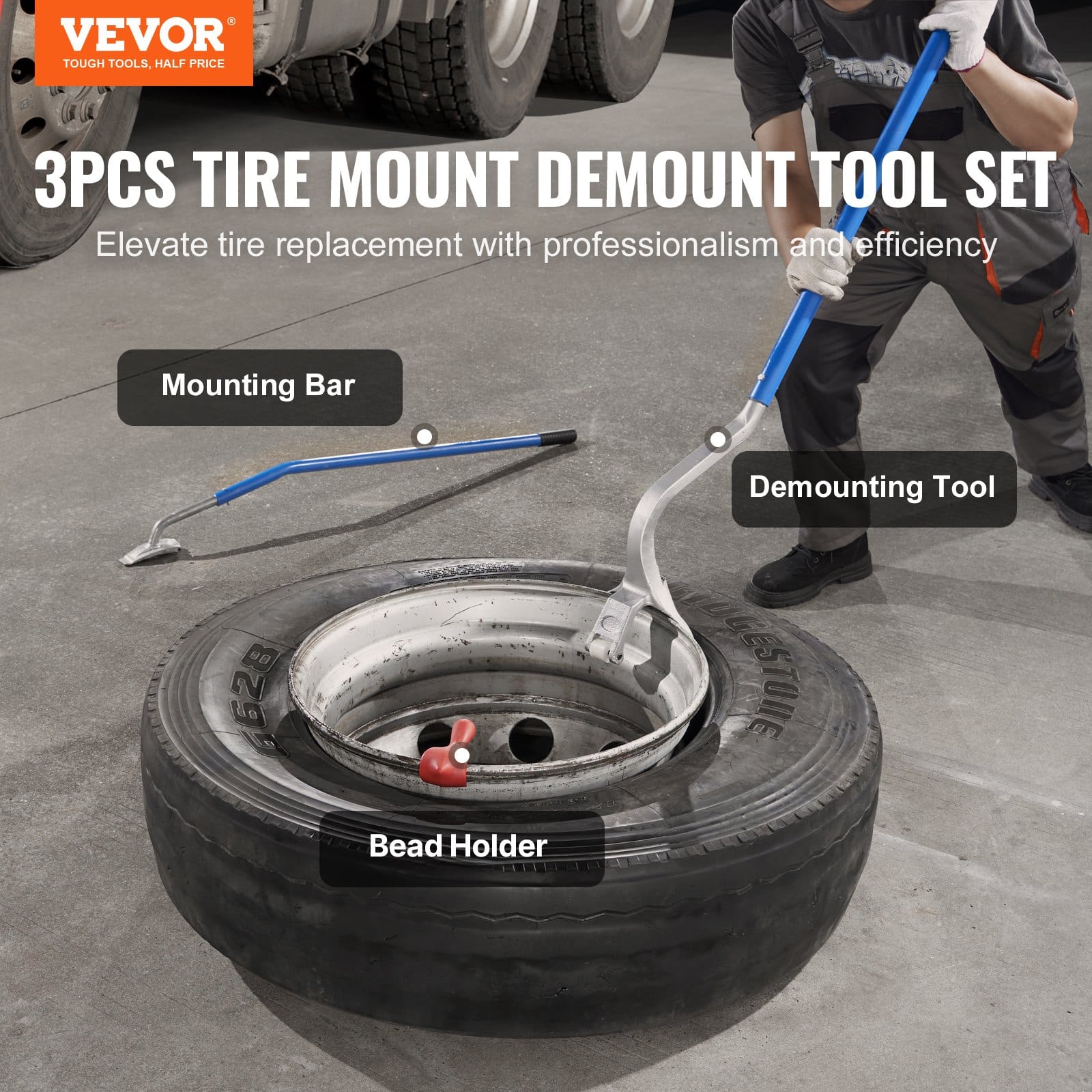 VEVOR 3-Piece Manual Tire Mount Demount Tool Set for 571–622 mm Tubeless Truck Tires with Bead Holder – Orange — изображение 2