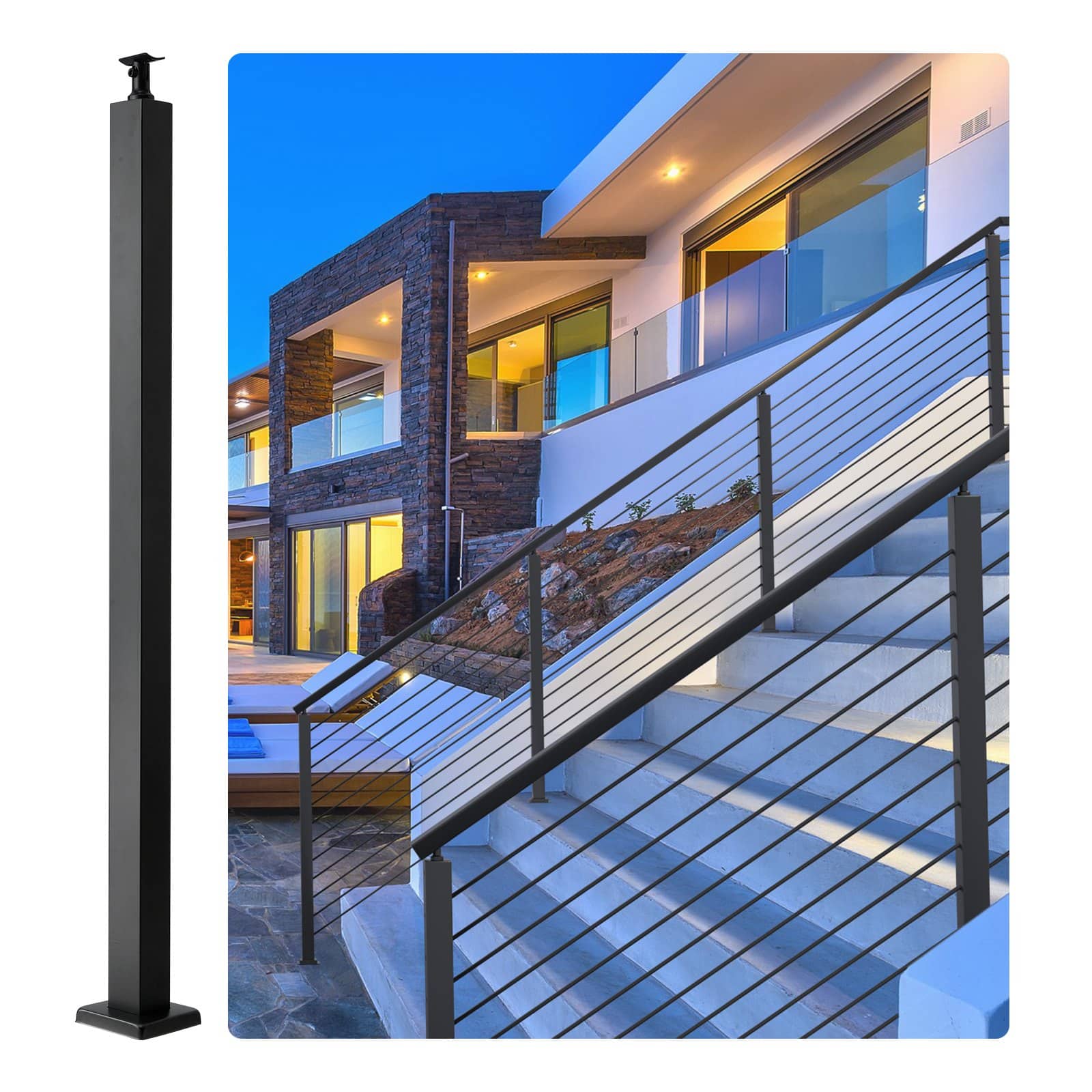 VEVOR Stainless Steel Cable Railing Post 106.7x5x5 cm, No-Hole DIY Deck & Stair Handrail Kit with Mount Brackets, Black