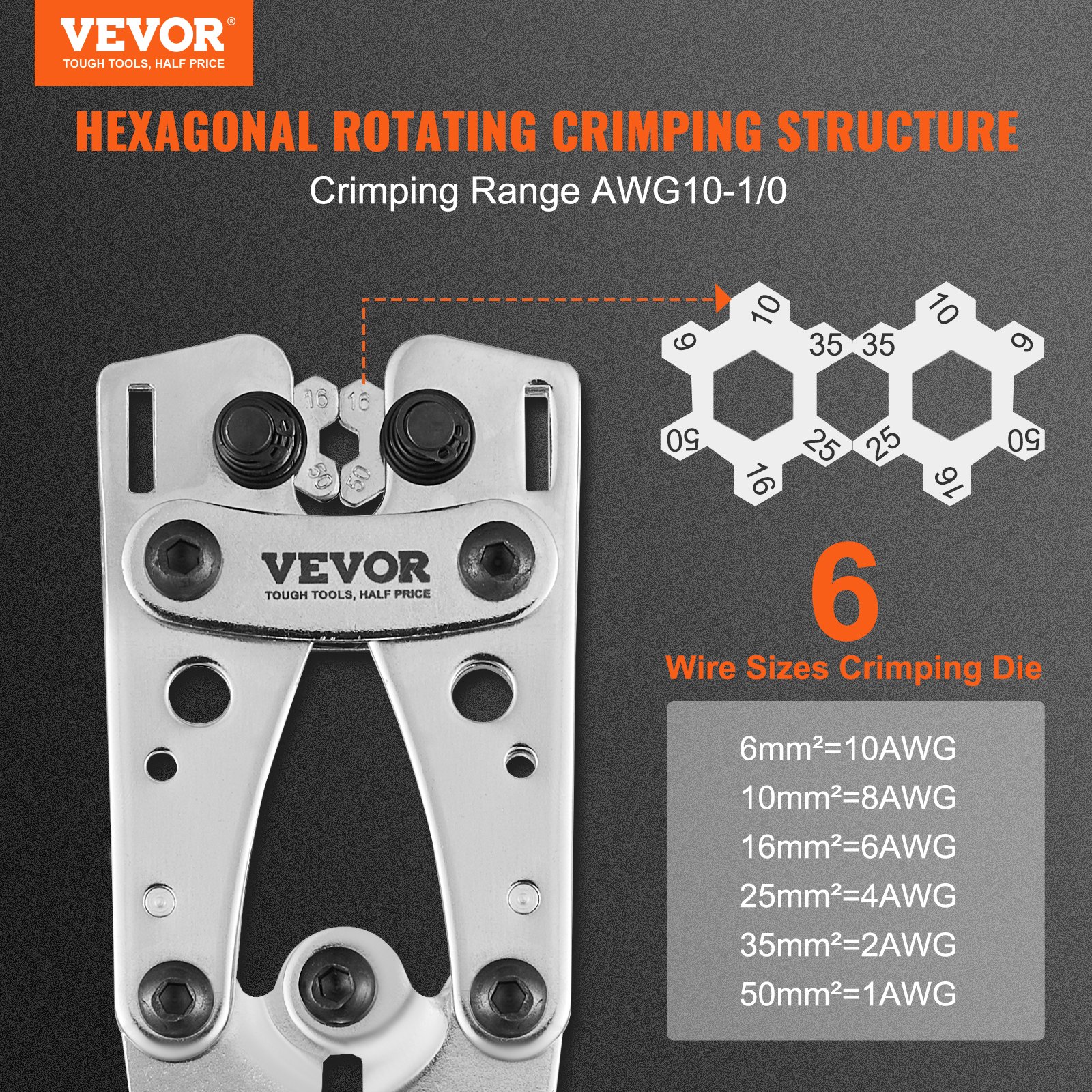 VEVOR Heavy Duty Battery Cable Crimping Tool Set with Cutter, 6-50mm² Dies, 95 Copper Lugs, 100 Heat Shrink Tubes - Image 2