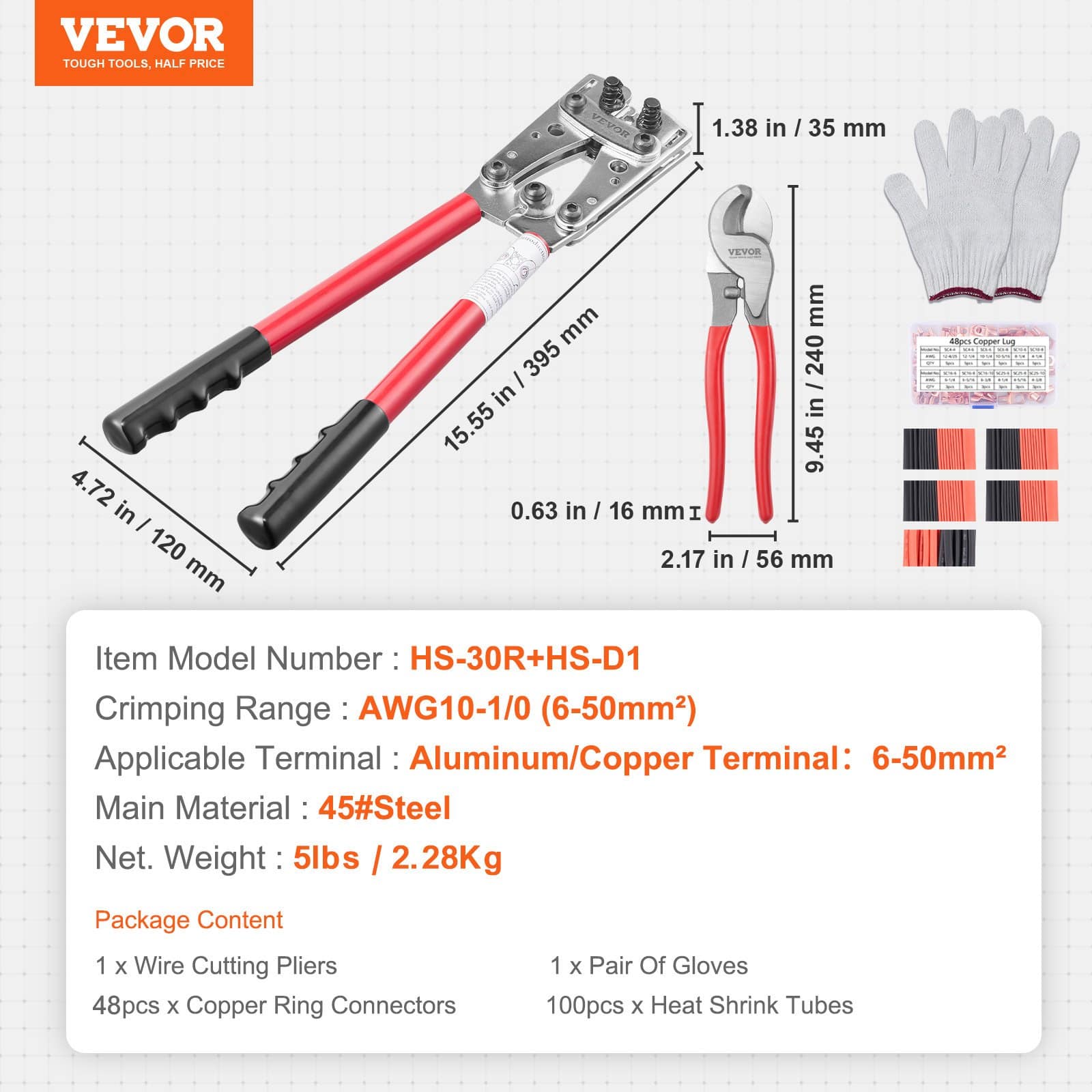 VEVOR Heavy Duty Battery Cable Crimping Tool Set with Cutter, 6-50mm² Dies, 95 Copper Lugs, 100 Heat Shrink Tubes - Image 7
