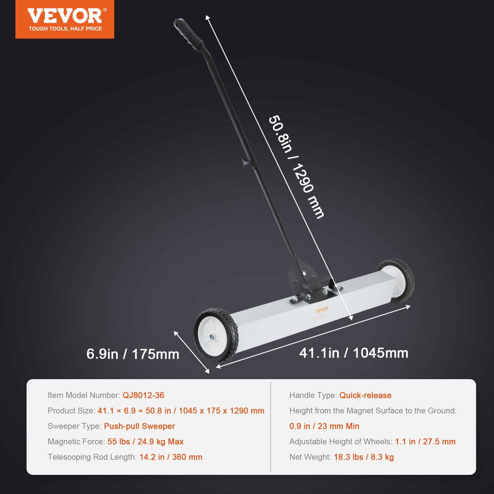 VEVOR 24.9 kg Magnetic Sweeper with Wheels, 61 cm Width, Telescopic Handle, for Yard, Garage & Workshop Metal Cleanup - Pilt 7
