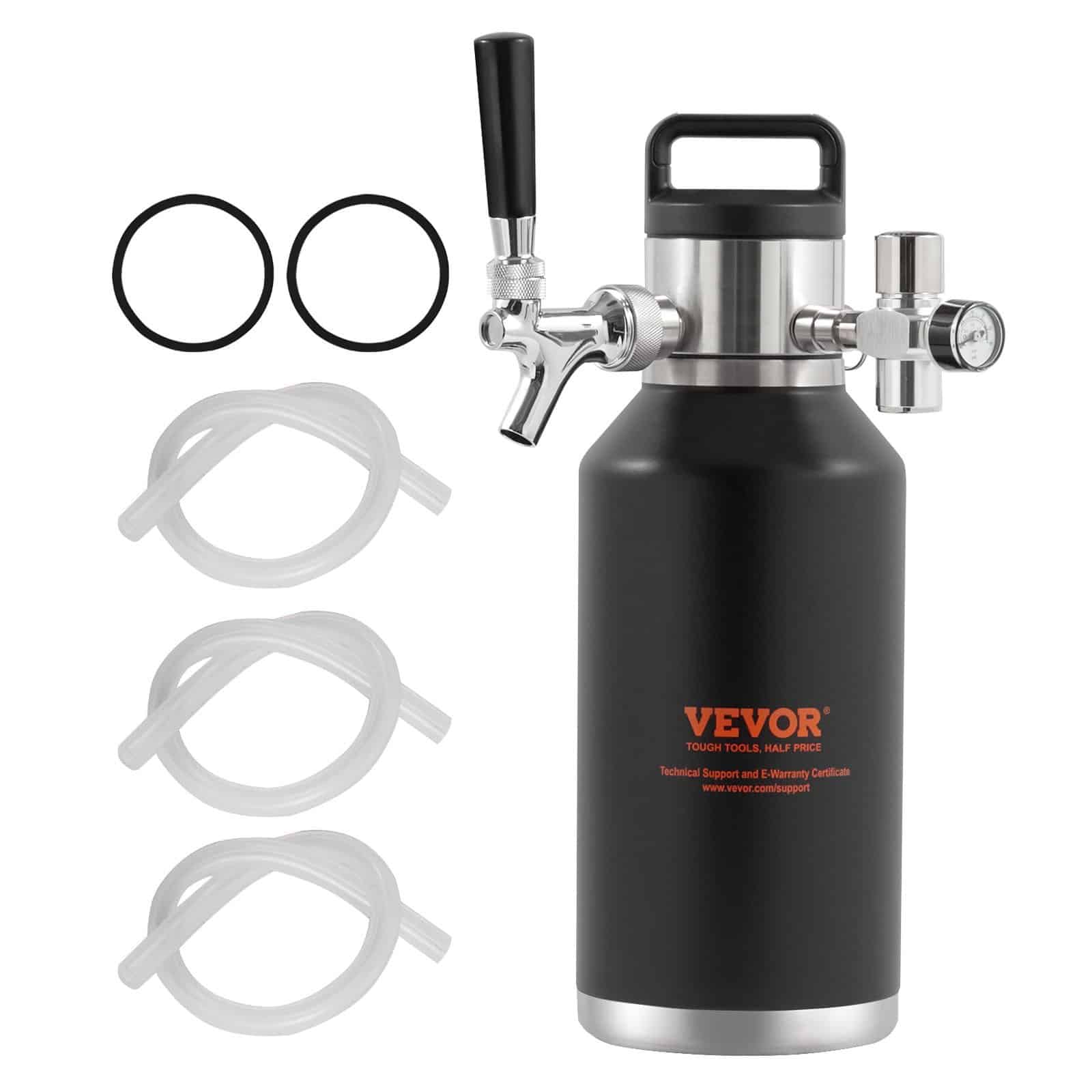 VEVOR 1.89L Stainless Steel Mini Keg Beer Growler with CO2 Regulator, Tap System & Pressure Gauge for Homebrew Draft Beer