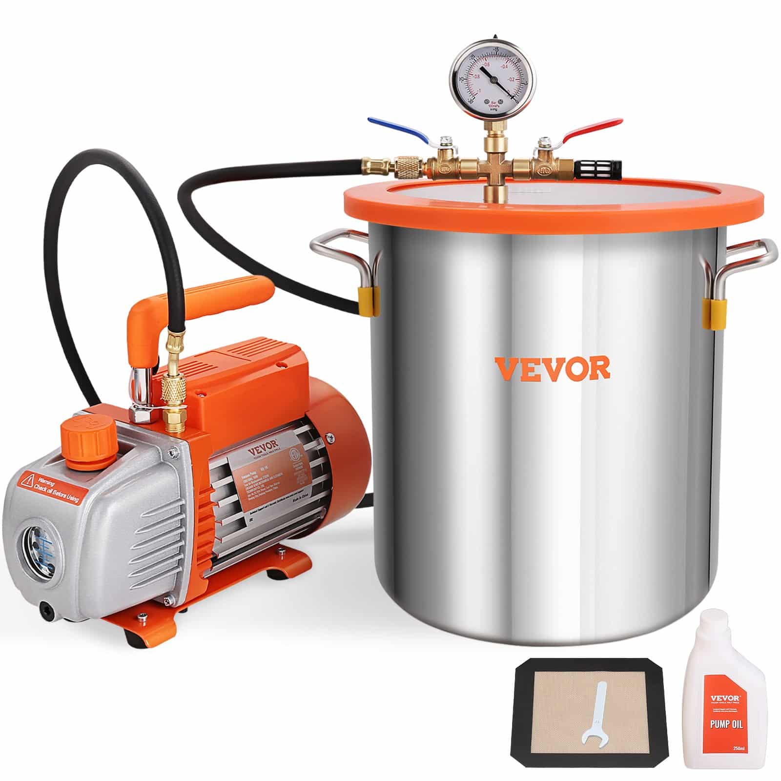 VEVOR 18.9L Vacuum Chamber Kit with 3.5 CFM Pump, Glass Lid, 250ml Oil – For Wood Stabilizing & Resin Degassing