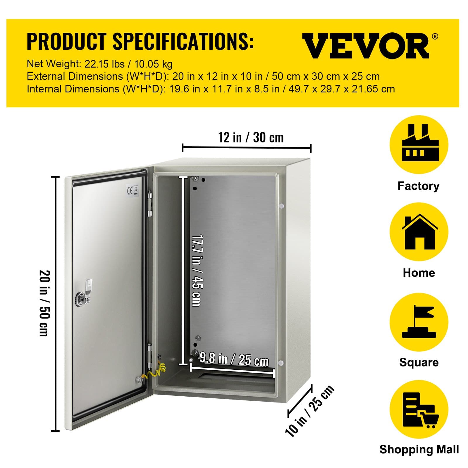 VEVOR Steel Electrical Enclosure 50.8x30.5x25.4cm, IP66 Waterproof Dustproof NEMA 4X Box with Mounting Plate for Indoor/Outdoor Use — изображение 7