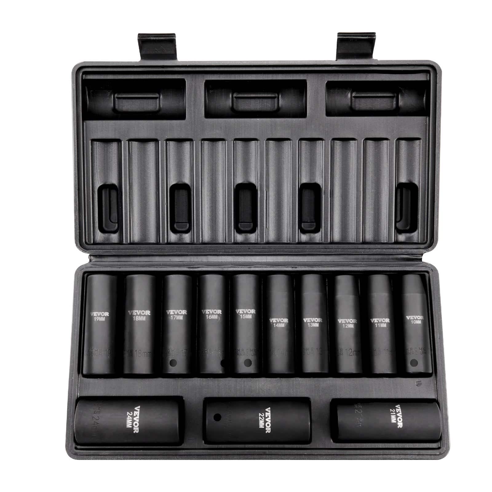 VEVOR 13-Piece 1/2" Drive Deep Impact Socket Set, Metric 10–24mm, CR-V Steel, 6-Point, Laser Marked, with Metal Case