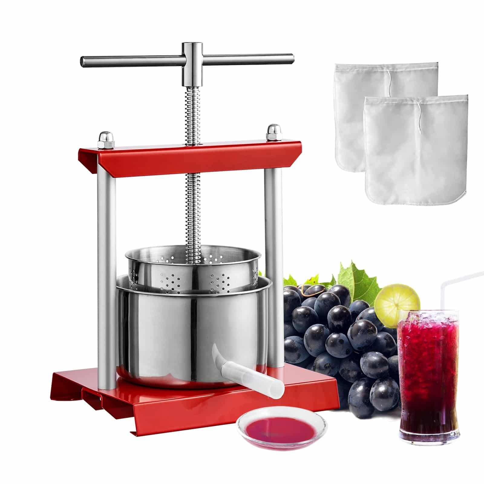 VEVOR 3L Manual Fruit Wine Press with 2 Stainless Steel Barrels, Juice Extractor for Wine, Cider, Olive Oil & More