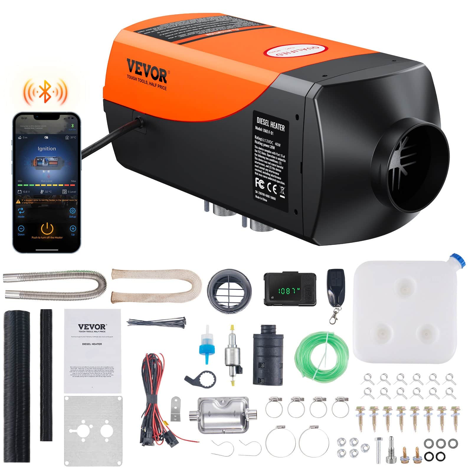 VEVOR 12V 2KW diiselõhuküttekeha Bluetooth rakenduse juhtimisega, LCD, puldiga, kõrguse reguleerimine matkaautodele, paatidele