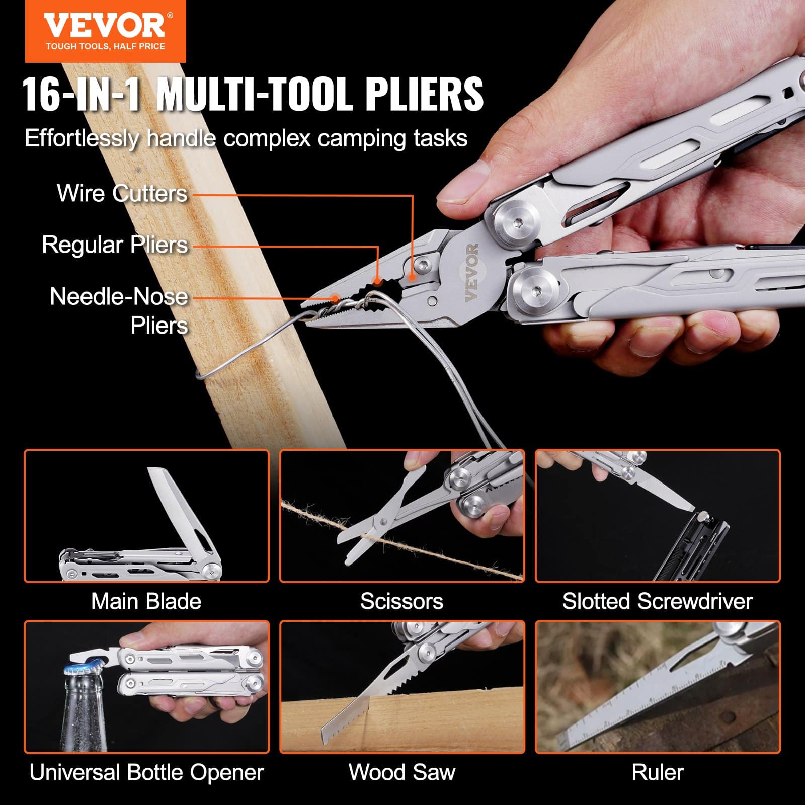 VEVOR 17-in-1 Stainless Steel Multi Tool Pliers with Knife, Saw, Screwdrivers, Scissors, Sheath – for Camping & Survival - Зображення 2
