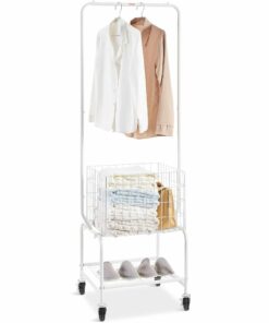 VEVOR Adjustable Metal Laundry Cart with Hanging Rack, Large Basket, Bottom Shelf & Lockable Wheels, 52kg Capacity