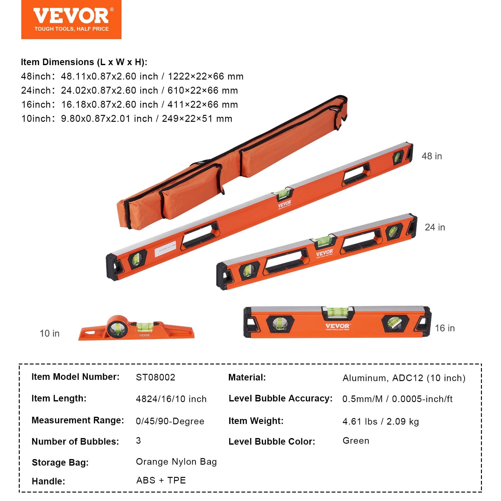 VEVOR Aluminum Torpedo Level Set 122/61/41/25 cm, Magnetic 25 cm Ruler, 45°/90°/180° Vials, Shock-Resistant Tool for Construction — attēls 7