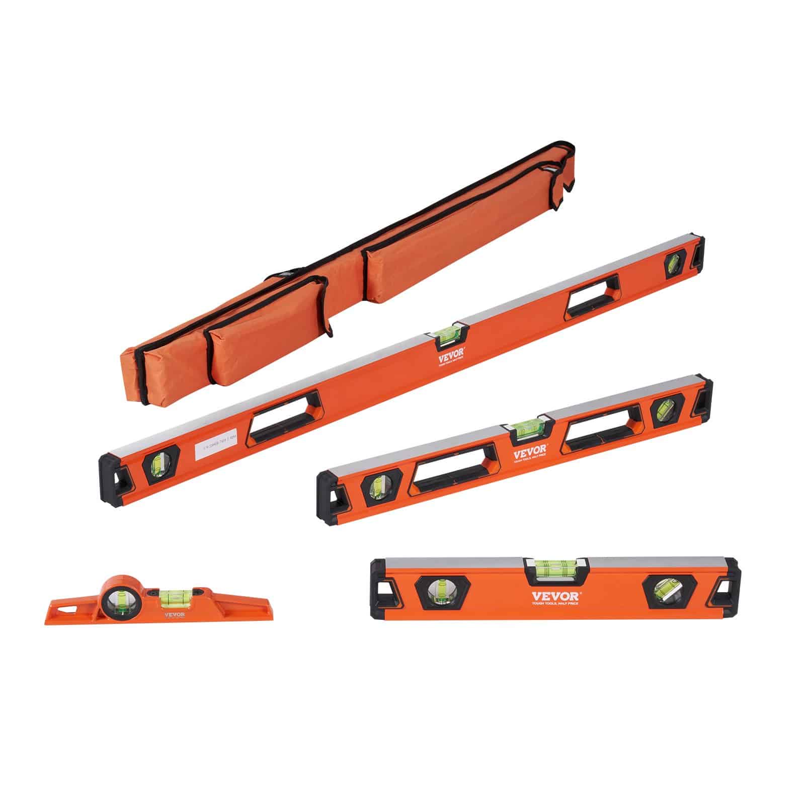 VEVOR Aluminum Torpedo Level Set 122/61/41/25 cm, Magnetic 25 cm Ruler, 45°/90°/180° Vials, Shock-Resistant Tool for Construction — attēls 11