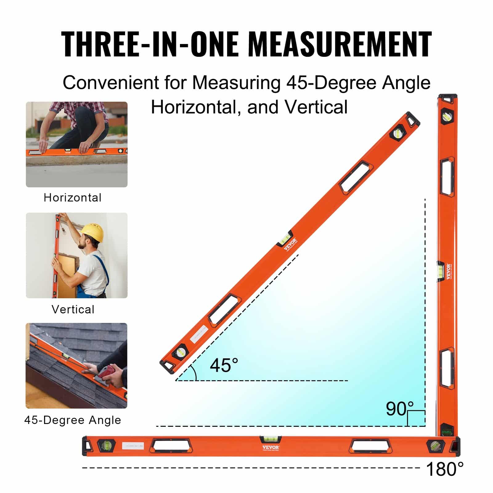 VEVOR 122cm Magnetic Torpedo Level, Aluminum Alloy, 45°/90°/180° Bubble Vials, Shock-Resistant Ruler for Wood & Plumbing — attēls 4