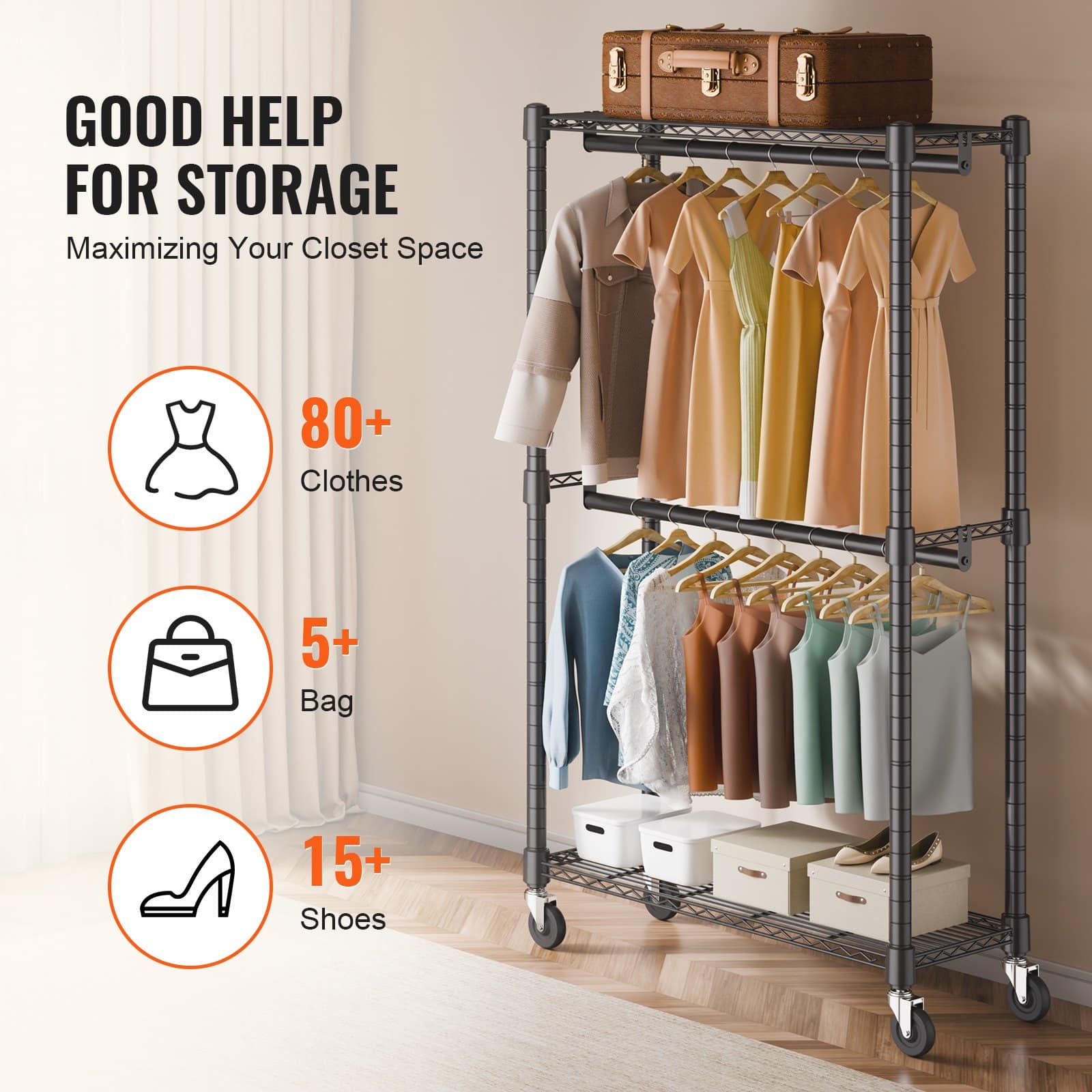 VEVOR Heavy Duty Rolling Clothes Rack with Double Hanging Rods, Top & Bottom Shelves, Steel Frame, Holds up to 136kg - Image 5