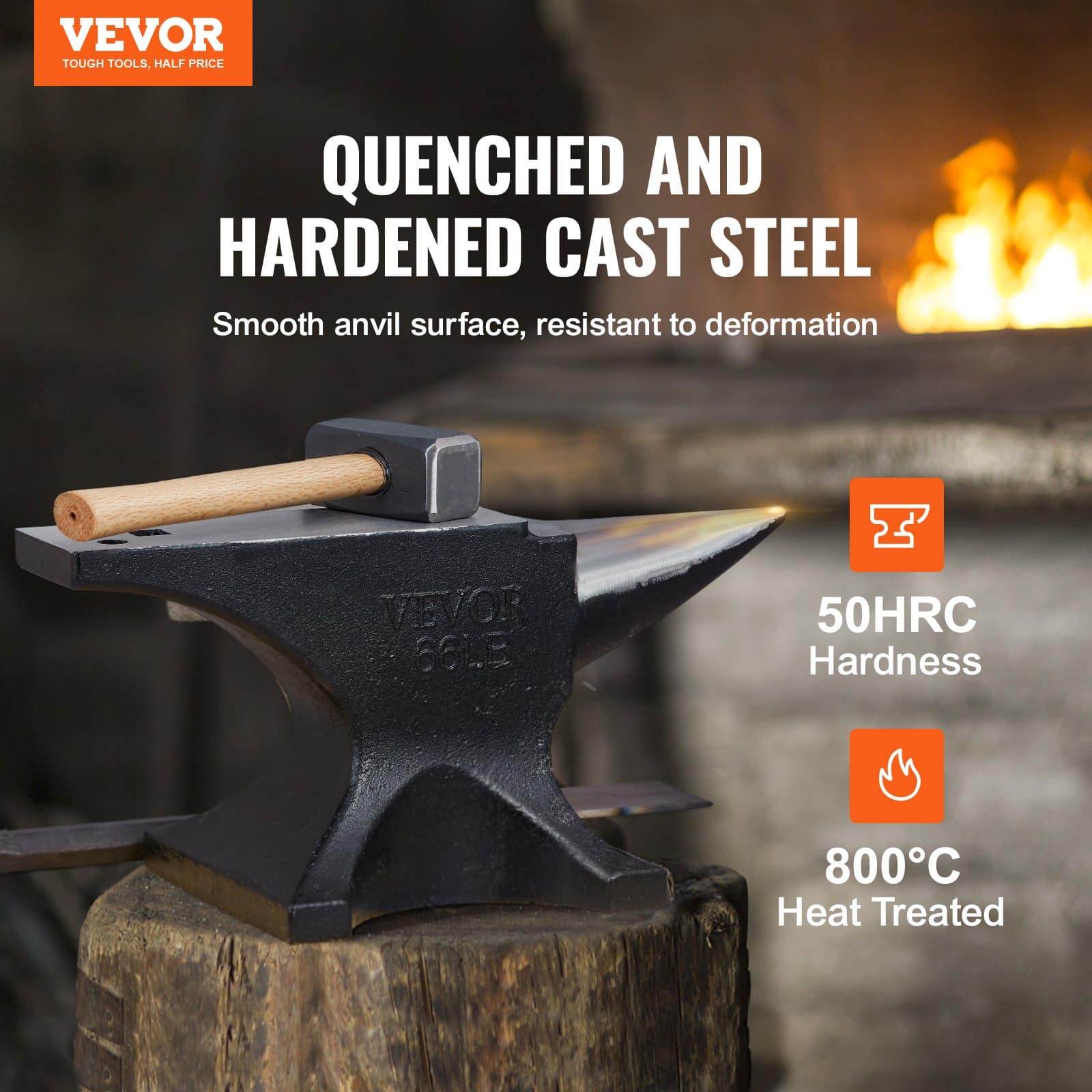VEVOR 29.9 kg Cast Steel Blacksmith Anvil, Single Horn, High Hardness, Round & Square Holes, Stable Base, Forging Tool — изображение 2