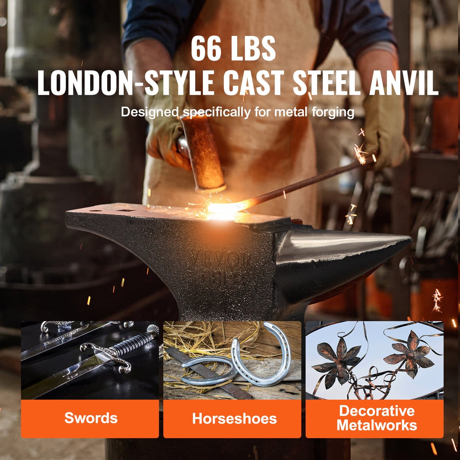 VEVOR 29.9 kg Cast Steel Blacksmith Anvil, Single Horn, High Hardness, Round & Square Holes, Stable Base, Forging Tool — изображение 6