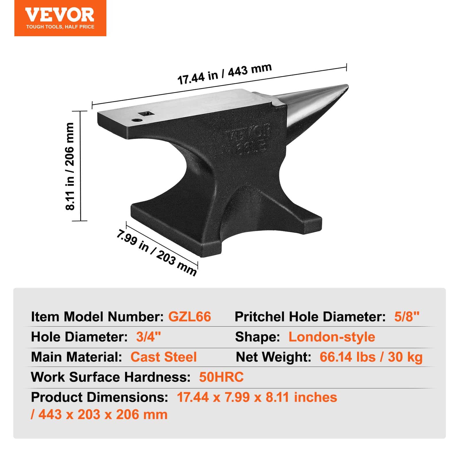 VEVOR 29.9 kg Cast Steel Blacksmith Anvil, Single Horn, High Hardness, Round & Square Holes, Stable Base, Forging Tool — изображение 7