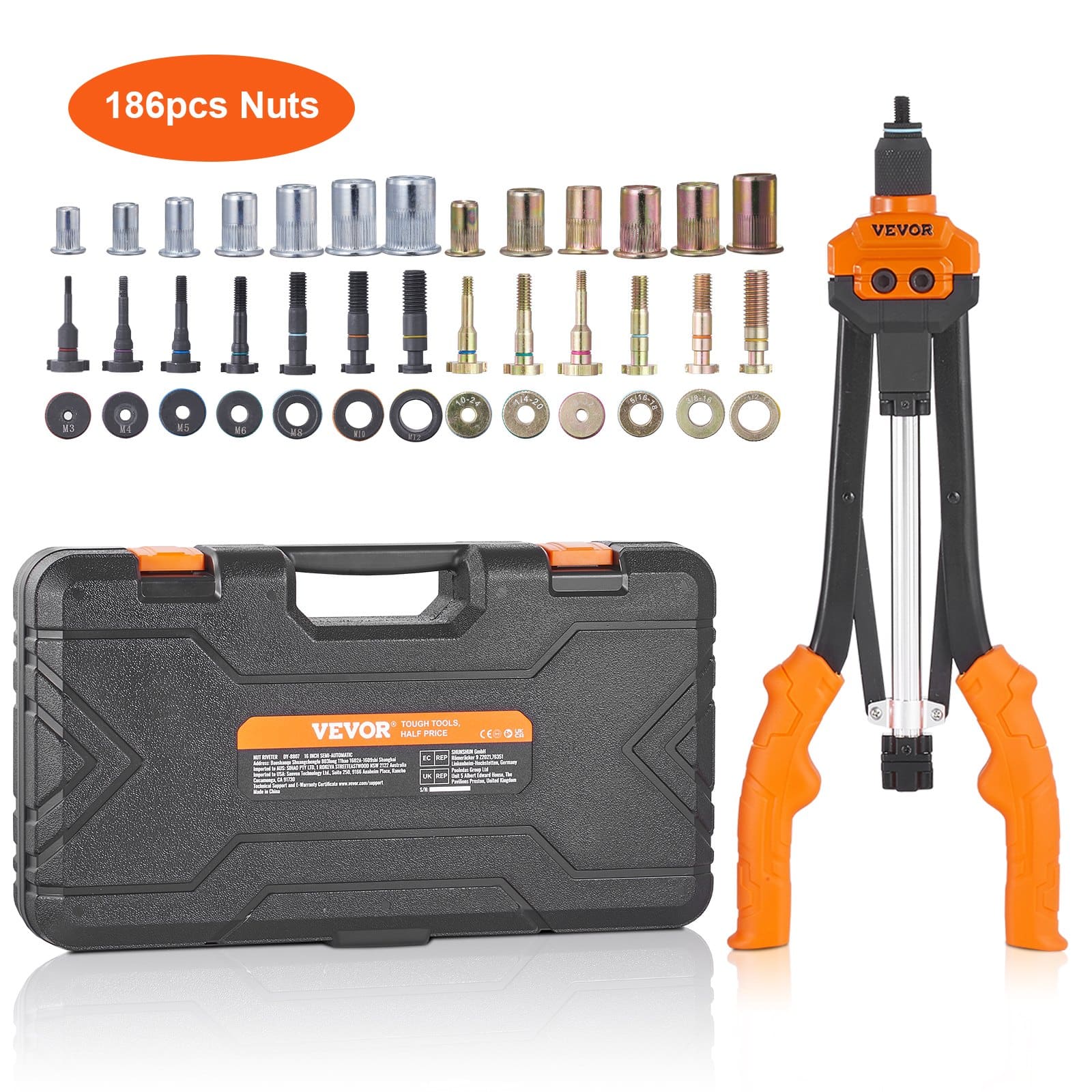 VEVOR 40.6cm Rivet Nut Tool Kit with 13 Metric/SAE Mandrels & 186 Rivnuts, Semi-Auto Retraction, Durable Alloy Handle