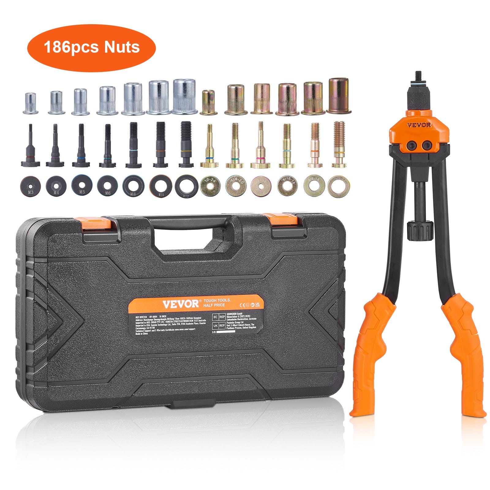 VEVOR Rivet Nut Tool Kit 40.6 cm with 13 Mandrels & 186 Rivet Nuts M3–M12, SAE Sizes, Quick Release, Carrying Case Included