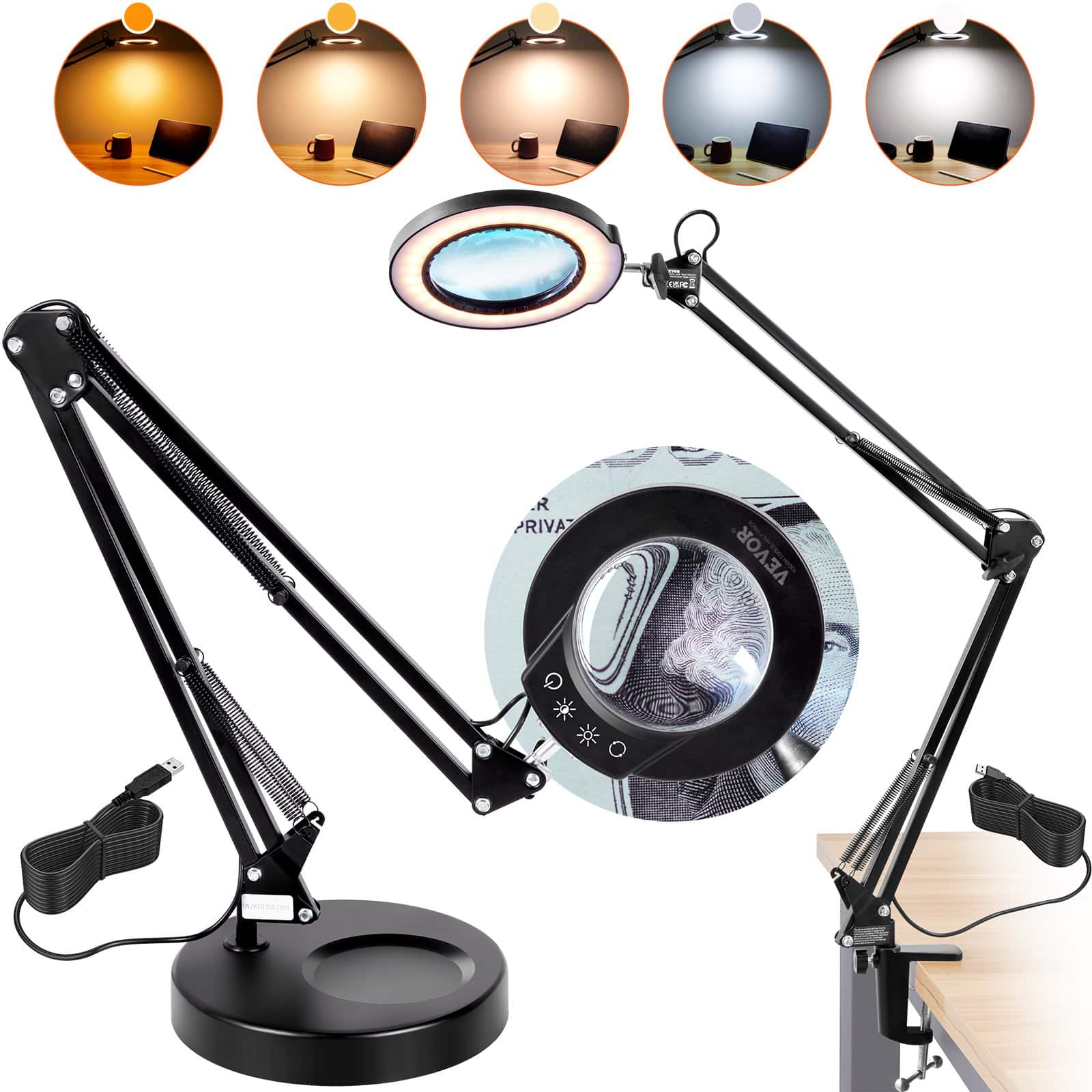 VEVOR 5X Magnifying Glass Lamp with Light, 10.9 cm Glass Lens, Touch Control, 5 Color Modes & Brightness, Desk & Clamp Base
