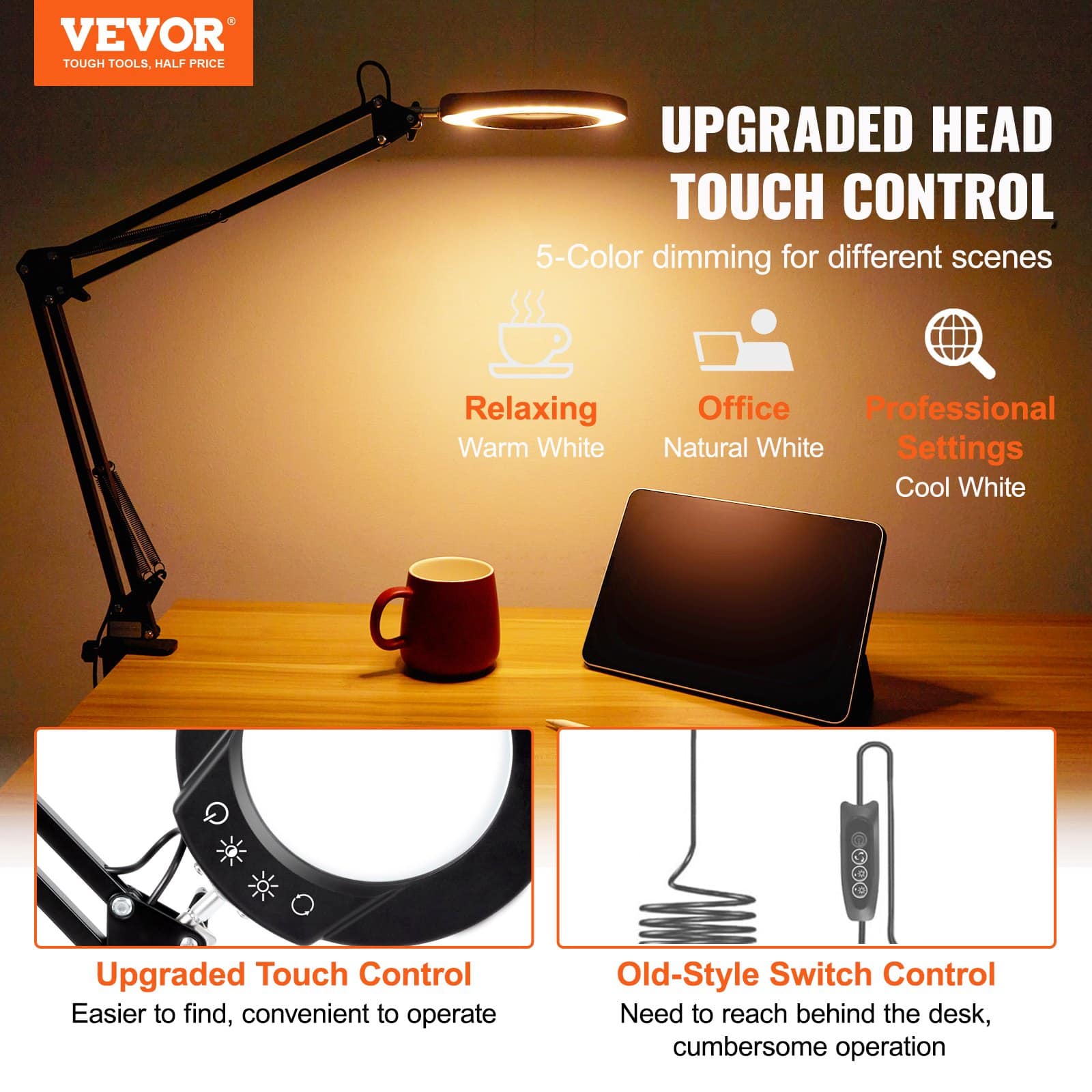VEVOR 5X Magnifying Lamp with Light, 10.9 cm Glass Lens, 5 Color Modes, Touch Control, Dimmable LED Clamp Light — Attēls 2