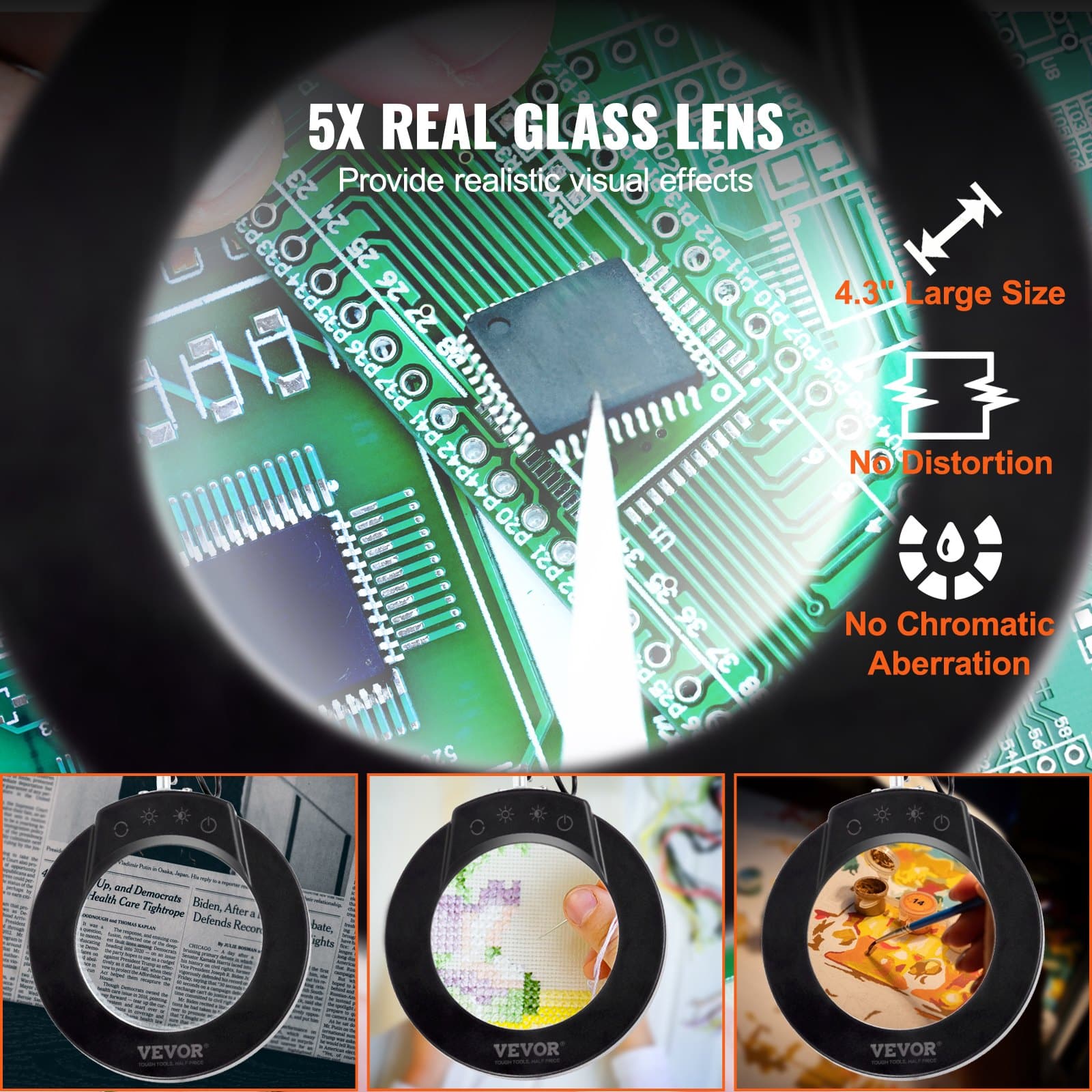 VEVOR 5X Magnifying Lamp with Light, 10.9 cm Glass Lens, 5 Color Modes, Touch Control, Dimmable LED Clamp Light — Attēls 3