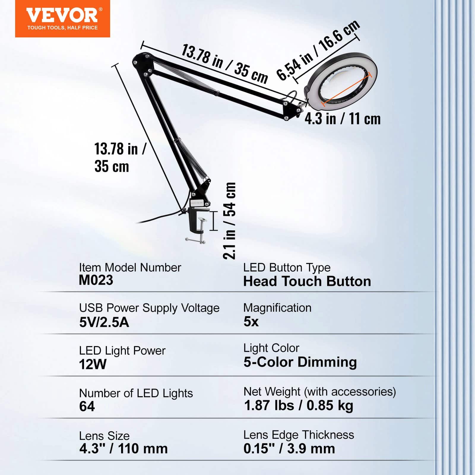 VEVOR 5X Magnifying Lamp with Light, 10.9 cm Glass Lens, 5 Color Modes, Touch Control, Dimmable LED Clamp Light — Attēls 7