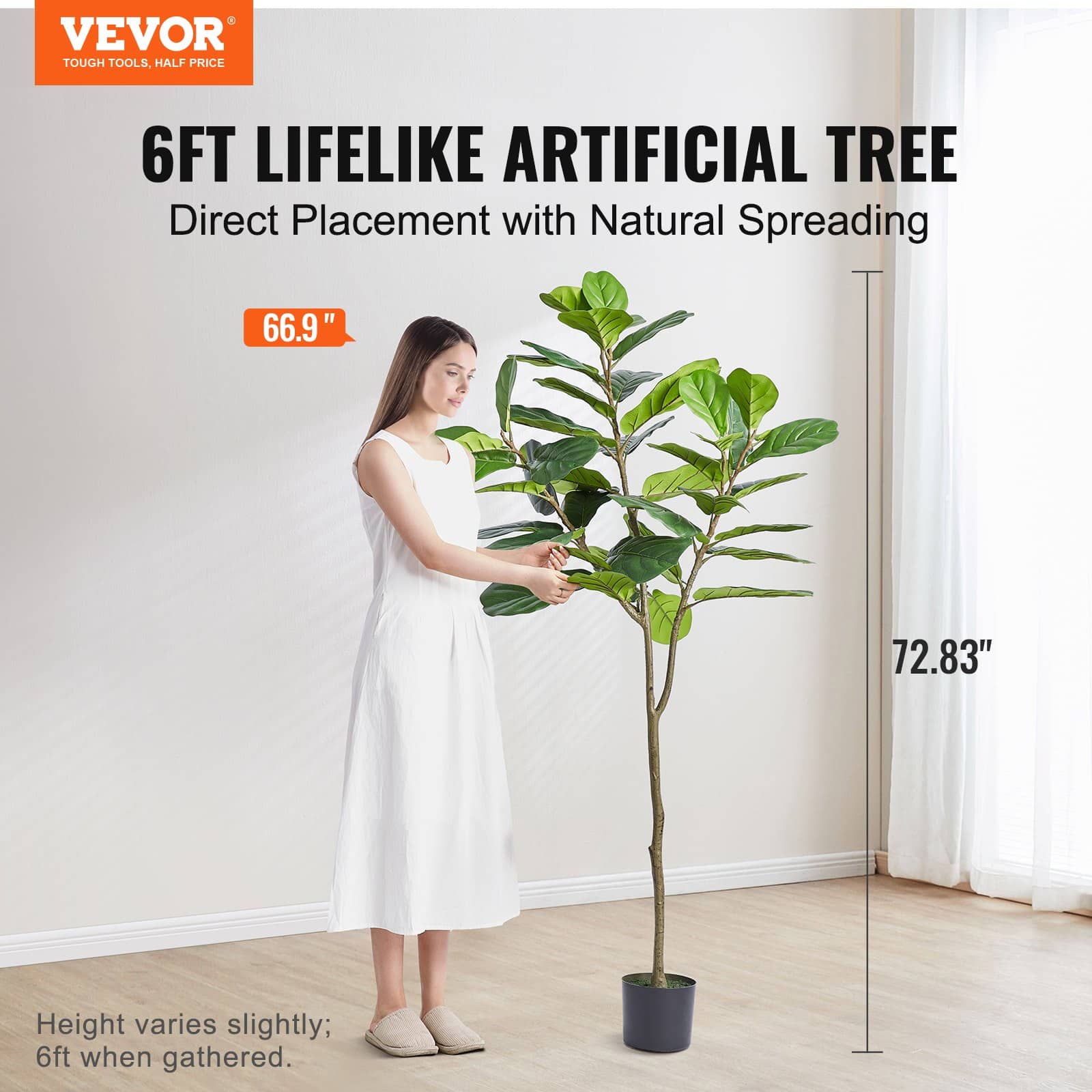 VEVOR 180 cm Artificial Fiddle Leaf Fig Tree – Lifelike Green Faux Plant with PE Material, Anti-Tip Design, Indoor/Outdoor Decor — изображение 2