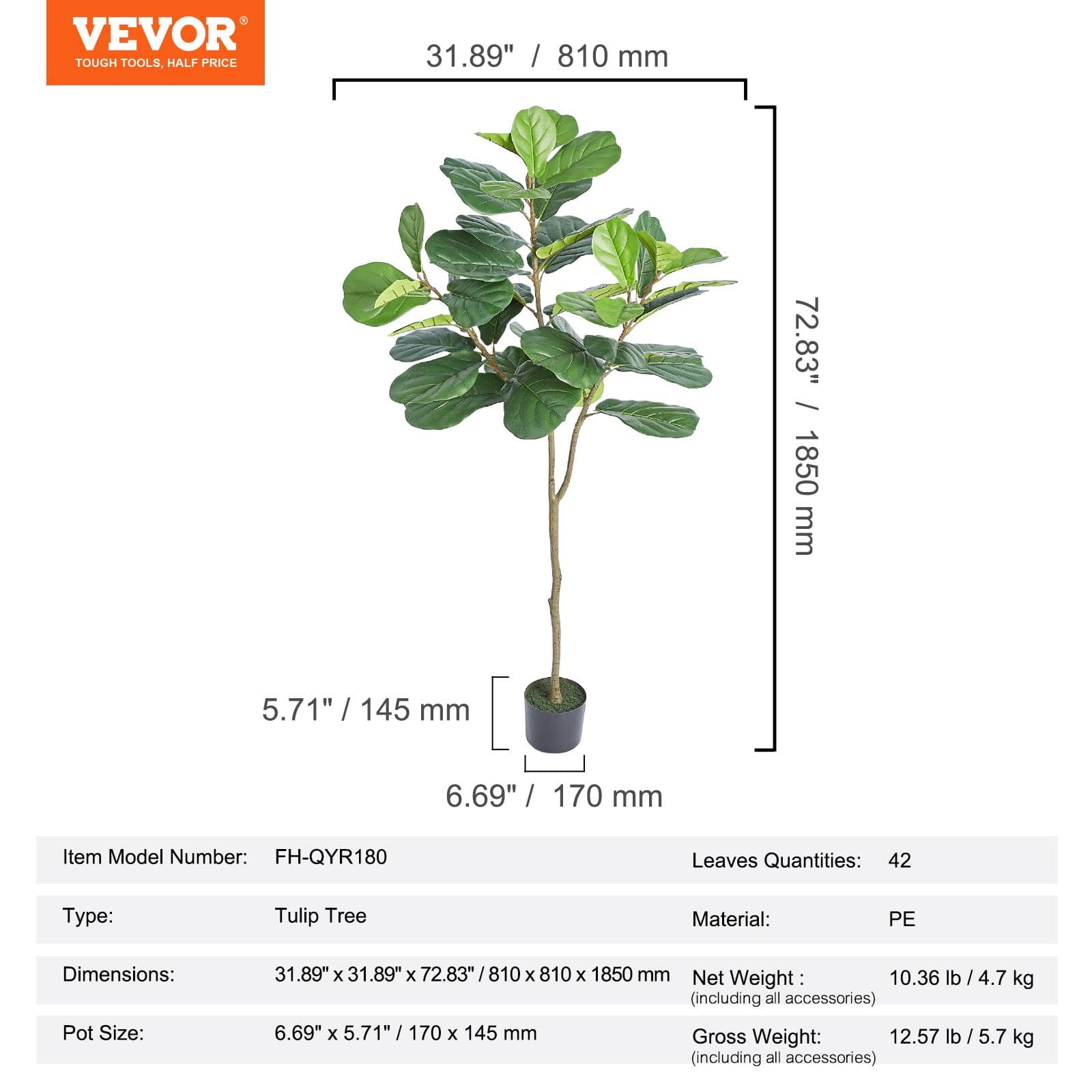 VEVOR 180 cm Artificial Fiddle Leaf Fig Tree – Lifelike Green Faux Plant with PE Material, Anti-Tip Design, Indoor/Outdoor Decor — изображение 7