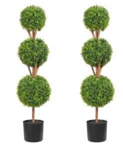 VEVOR 122 cm Artificial Boxwood Topiary Trees (2 pcs), 3-Ball Faux Plants with Planters & LED Lights, Indoor/Outdoor Decor