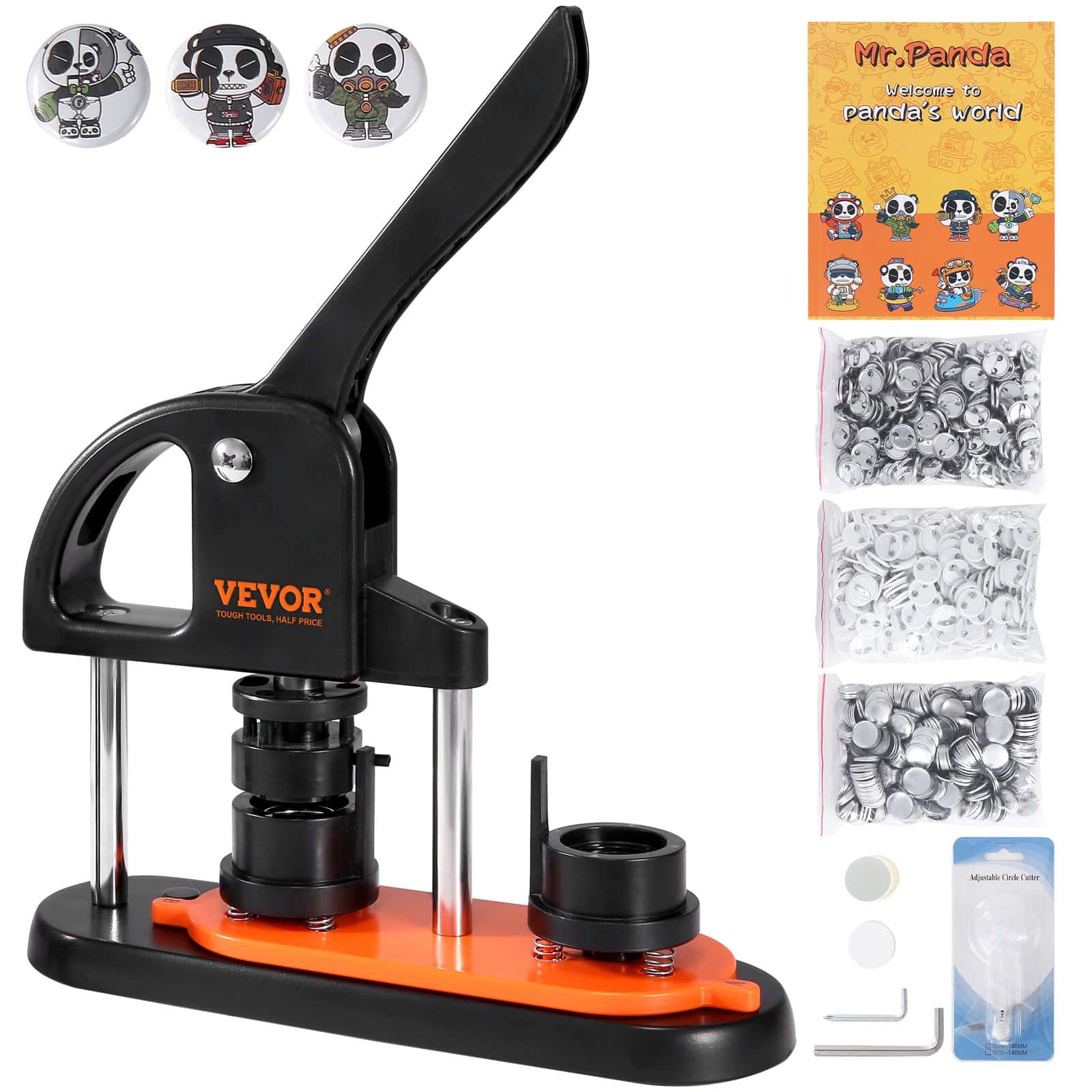 VEVOR 25mm Button Maker Machine Kit with 500 Parts, Circle Cutter & Mr. Panda Book – DIY Badge Making for Kids & Beginners