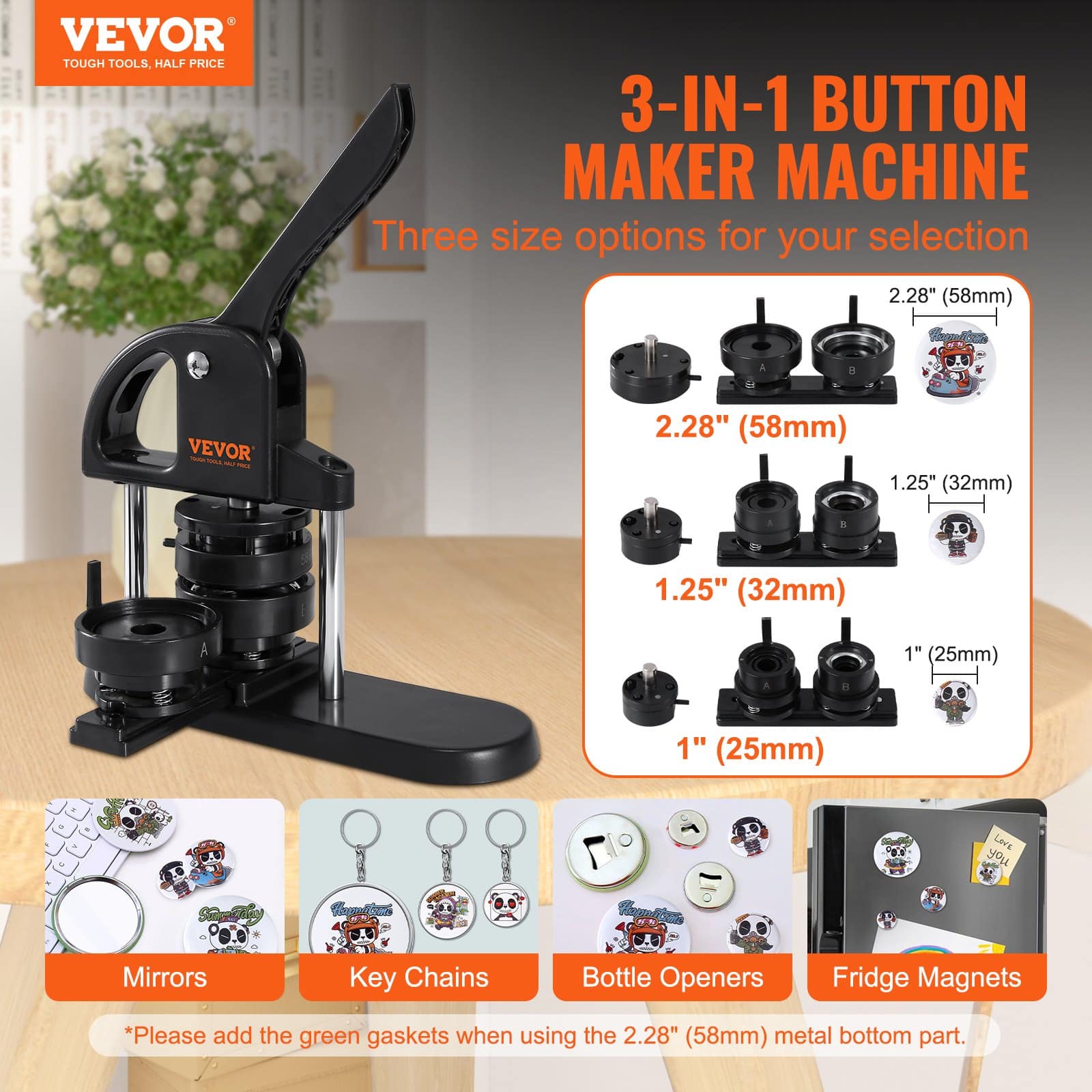 VEVOR 3-in-1 Button Maker Machine 25/32/58mm with 300 Badge Parts, Circle Cutter & Magic Book – No Installation Needed — Attēls 2
