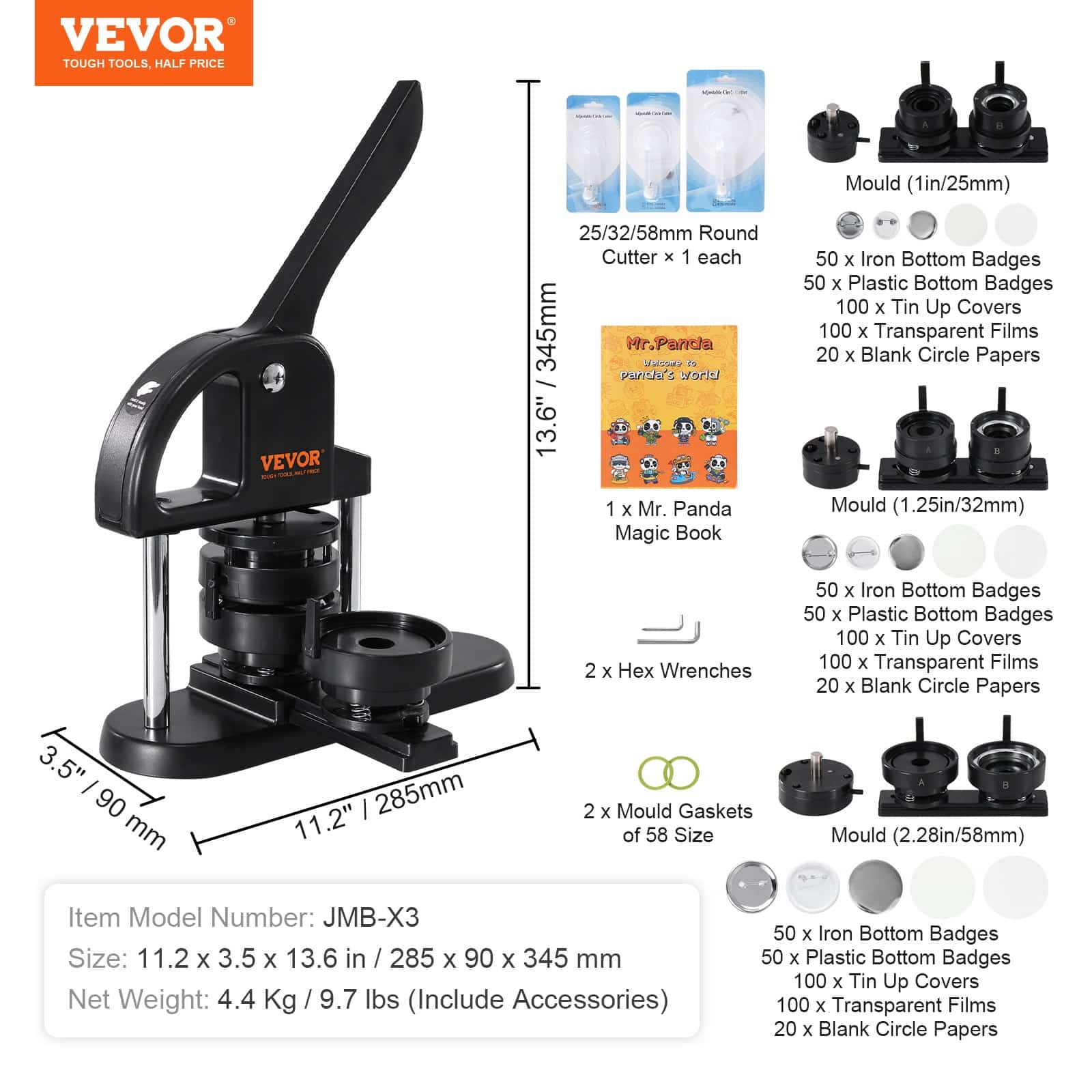 VEVOR 3-in-1 Button Maker Machine 25/32/58mm with 300 Badge Parts, Circle Cutter & Magic Book – No Installation Needed — Attēls 7