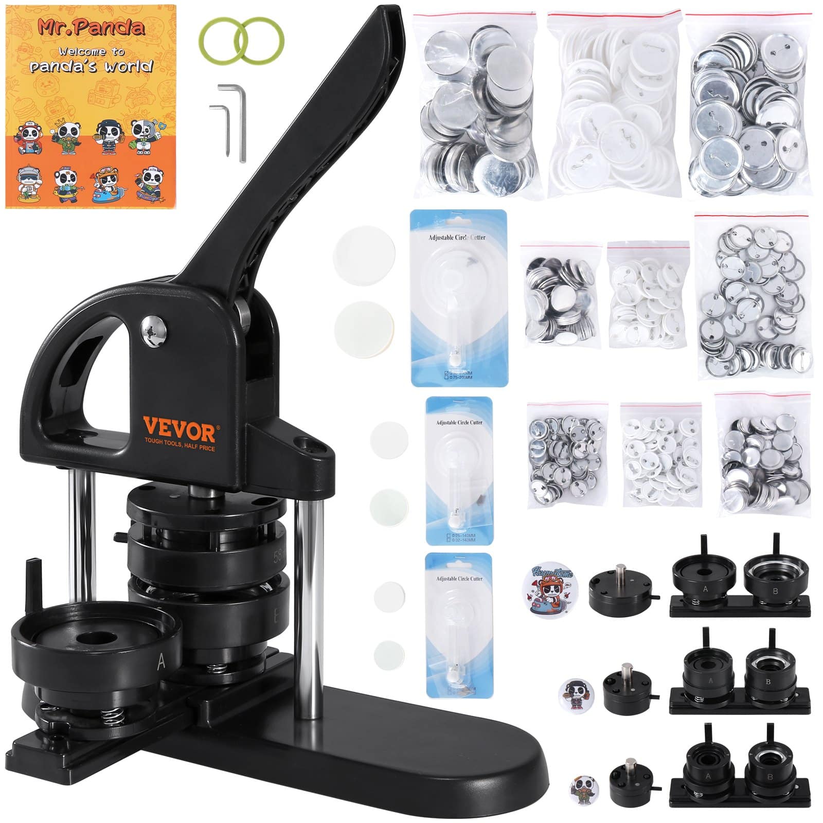 VEVOR 3-in-1 Button Maker Machine 25/32/58mm with 300 Badge Parts, Circle Cutter & Magic Book – No Installation Needed