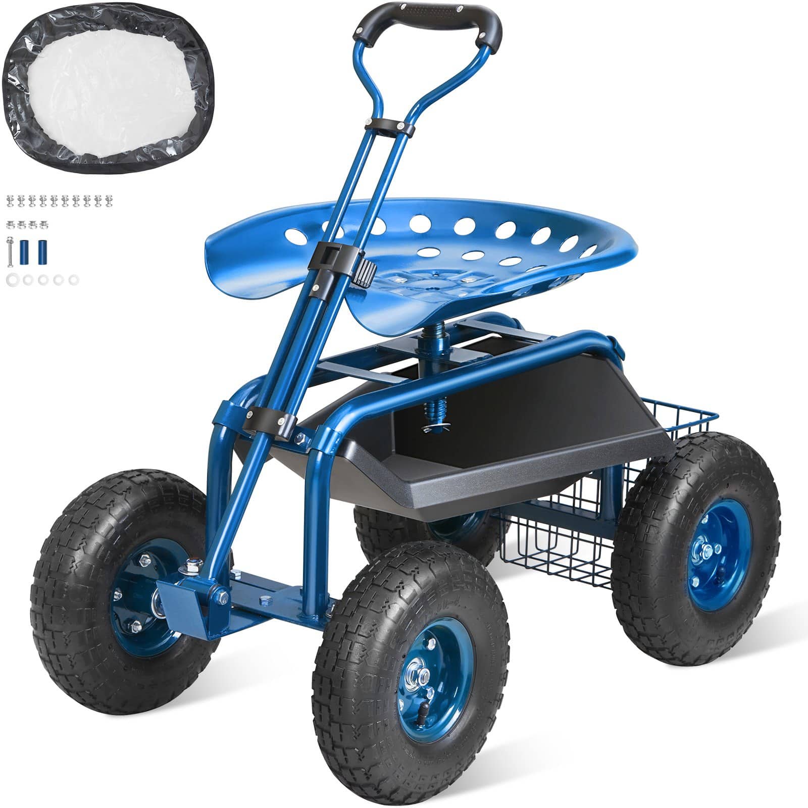 VEVOR Rolling Garden Workseat with 360° Swivel Seat, 25mm Steel Frame, 25cm Wheels, Storage Tray & Handle - Blue