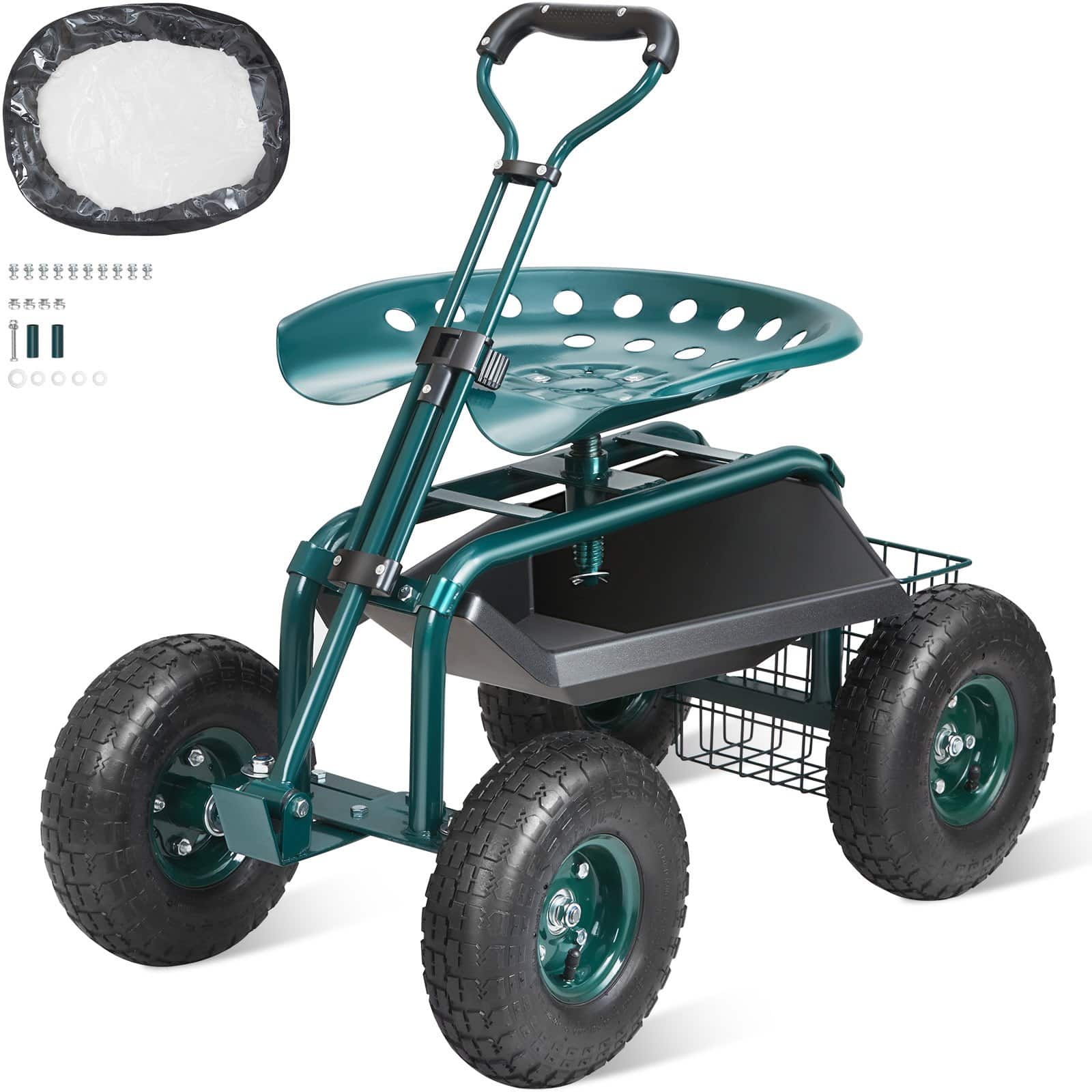 VEVOR Rolling Garden Cart with 360° Swivel Seat, Steel Frame, Tool Tray & 25cm Wheels, Adjustable Handle, Green Outdoor Stool