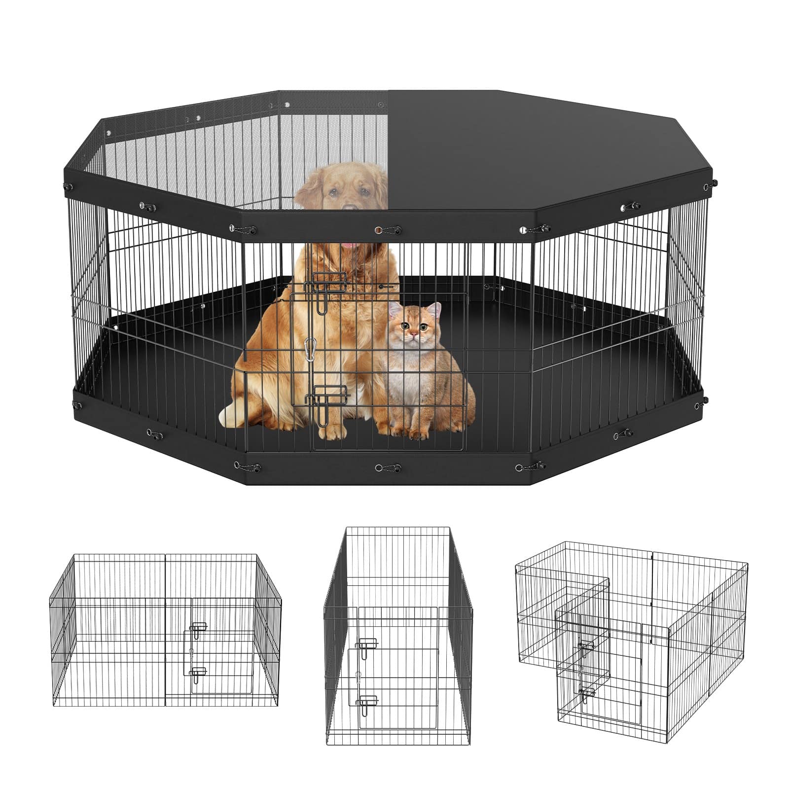 VEVOR Foldable 8-Panel Metal Dog Playpen with Top Cover & Bottom Mat, 61 cm High, for Small/Medium Pets, Indoor/Outdoor Use