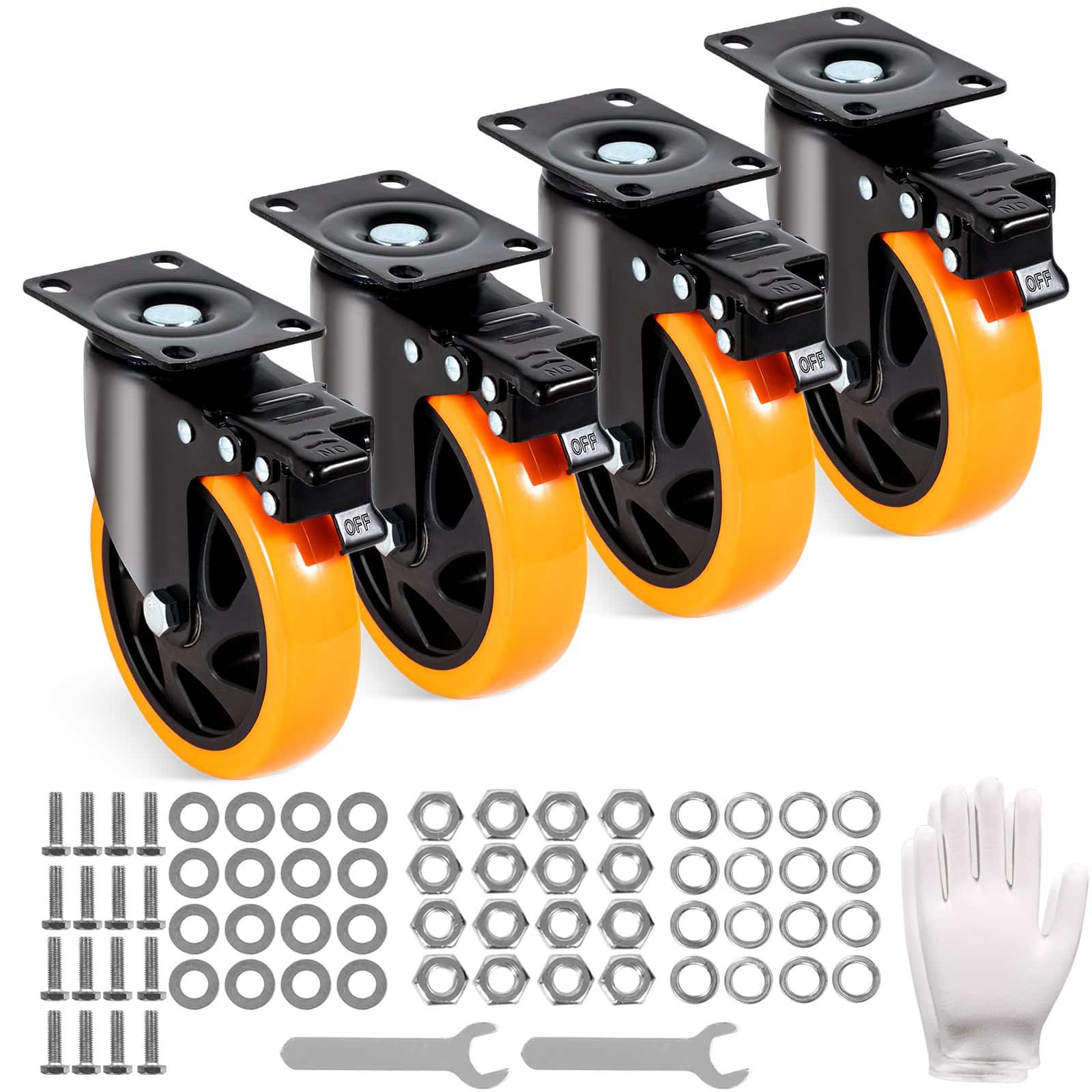 VEVOR 127 mm Swivel Caster Wheels Set of 4, Heavy Duty 204 kg Load Each, PVC No-Noise Lockable Casters for Cart & Furniture