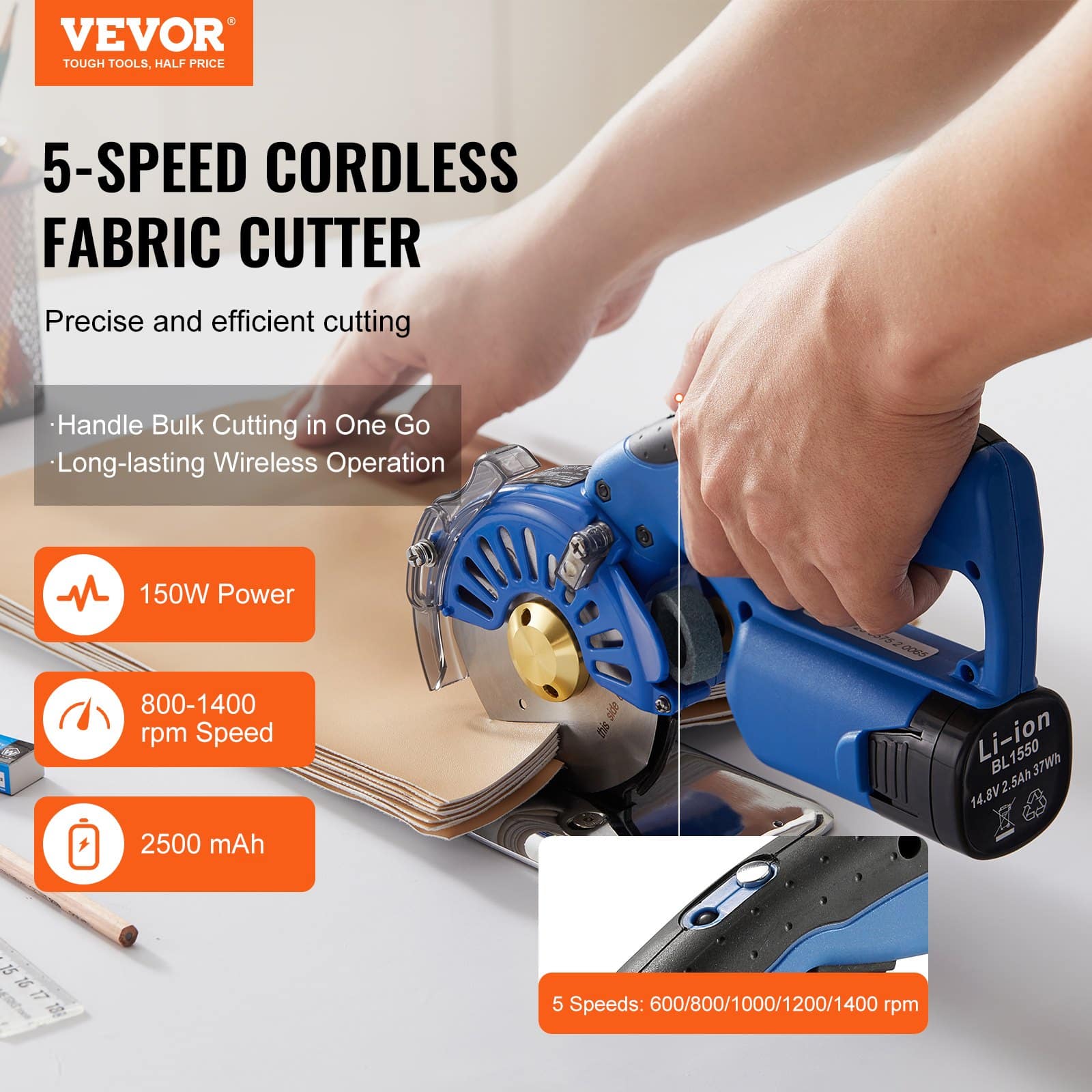 VEVOR Cordless Electric Fabric Cutter, 5-Speed Rotary Cutter, 27mm Cutting Thickness, Octagonal Blade, with Battery & Charger - Зображення 2