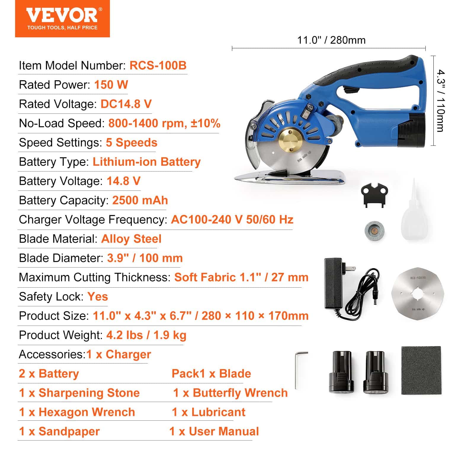 VEVOR Cordless Electric Fabric Cutter, 5-Speed Rotary Cutter, 27mm Cutting Thickness, Octagonal Blade, with Battery & Charger - Зображення 7