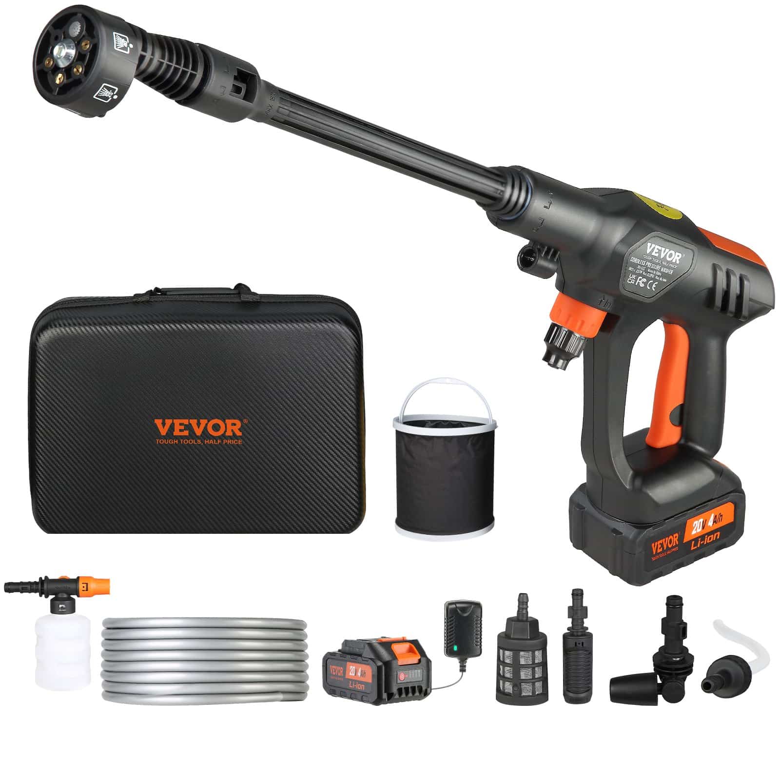 VEVOR Cordless Pressure Washer 45 Bar, 4.2 L/min, Portable Power Cleaner with 4.0Ah Battery, 6-in-1 Nozzle, for Car & Home