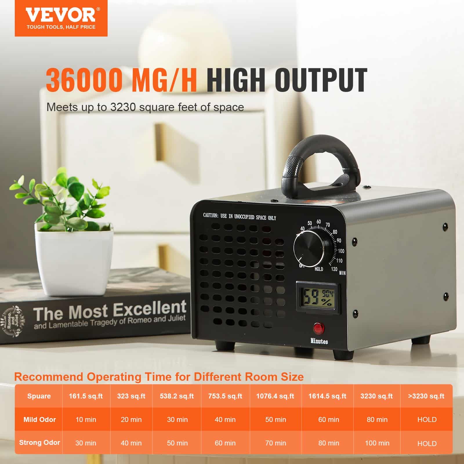 VEVOR Ozone Generator 36,000mg/h with Timer – Odor Remover for Home, Office, Car, Covers up to 300m² - Зображення 2