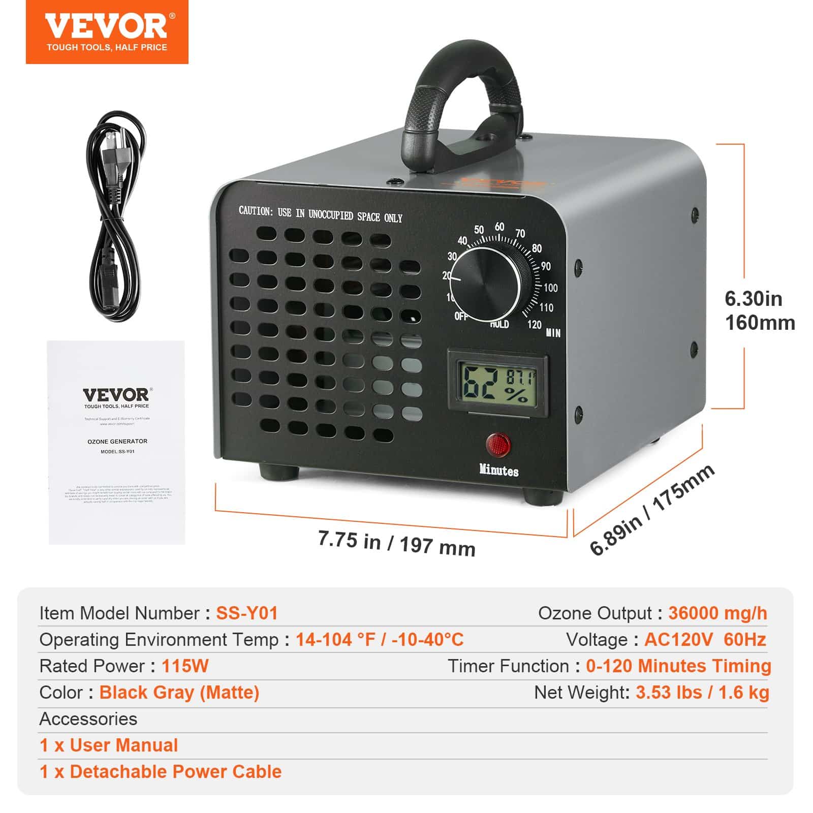 VEVOR Ozone Generator 36,000mg/h with Timer – Odor Remover for Home, Office, Car, Covers up to 300m² - Зображення 7