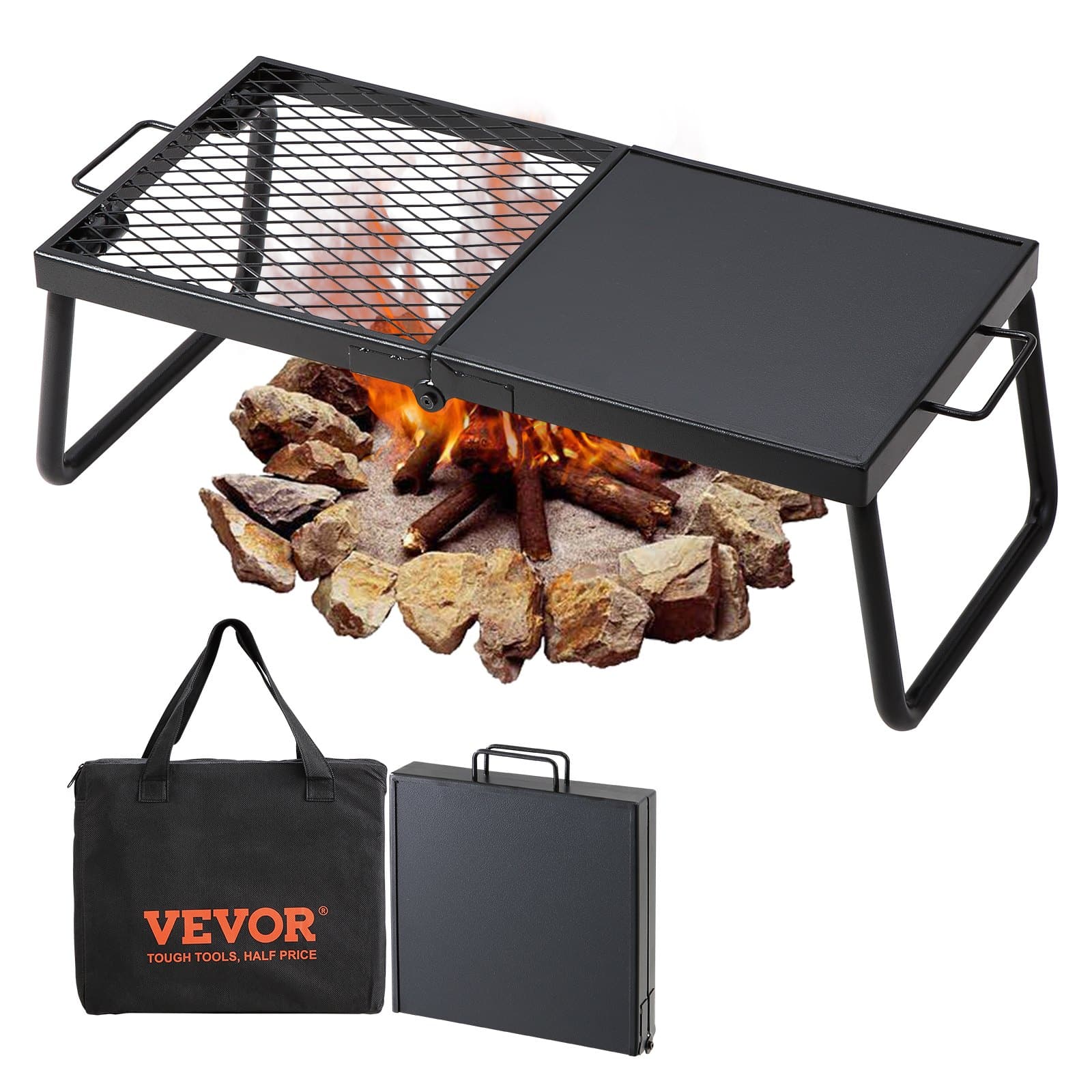 VEVOR Folding Campfire Grill 57cm, Heavy Duty Steel Grate, Portable Outdoor Cooking Rack with Legs & Bag