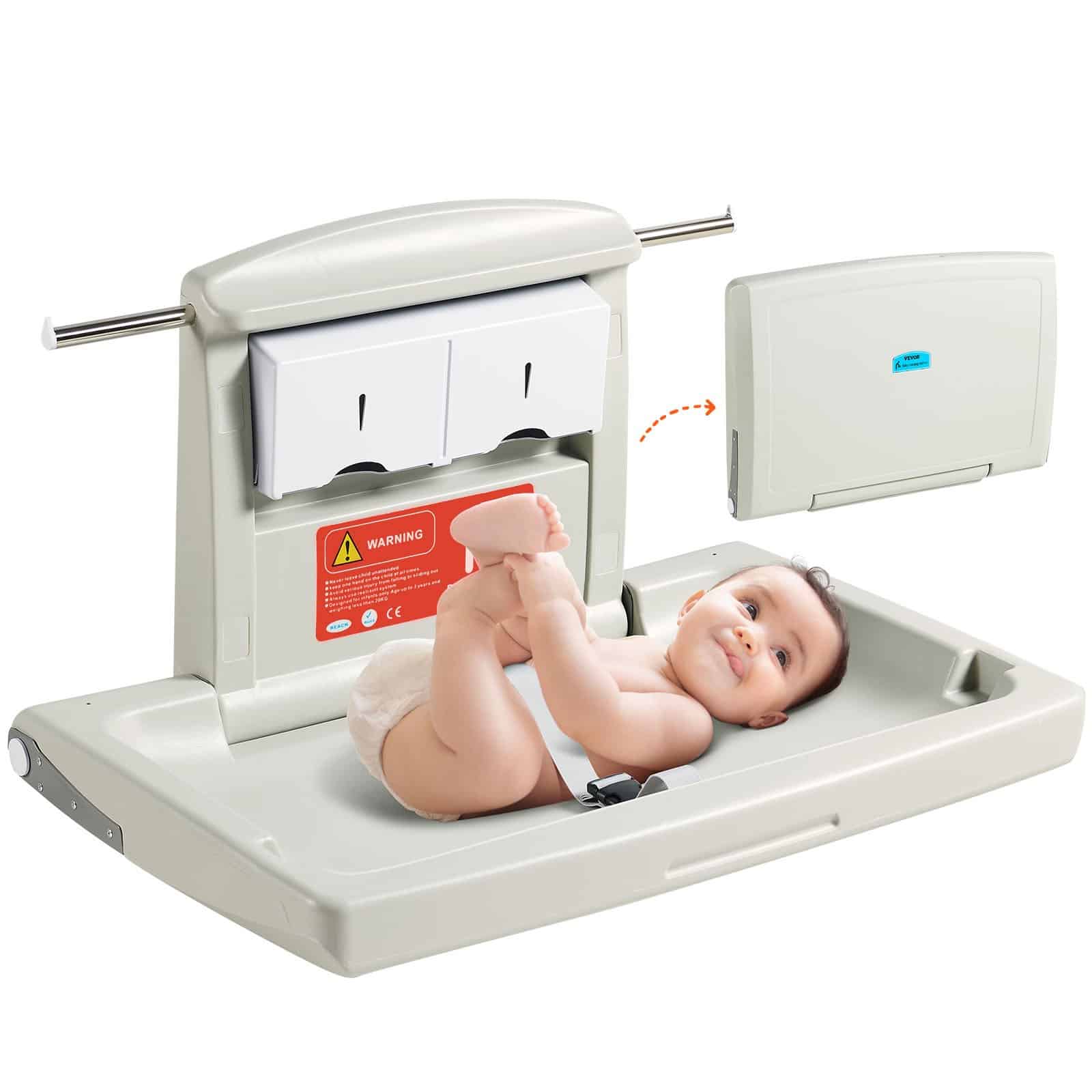 VEVOR Wall-Mounted Baby Changing Table, Horizontal Fold, HDPE, Safety Harness, Hanging Rods, for Bathrooms & Daycares — изображение 9