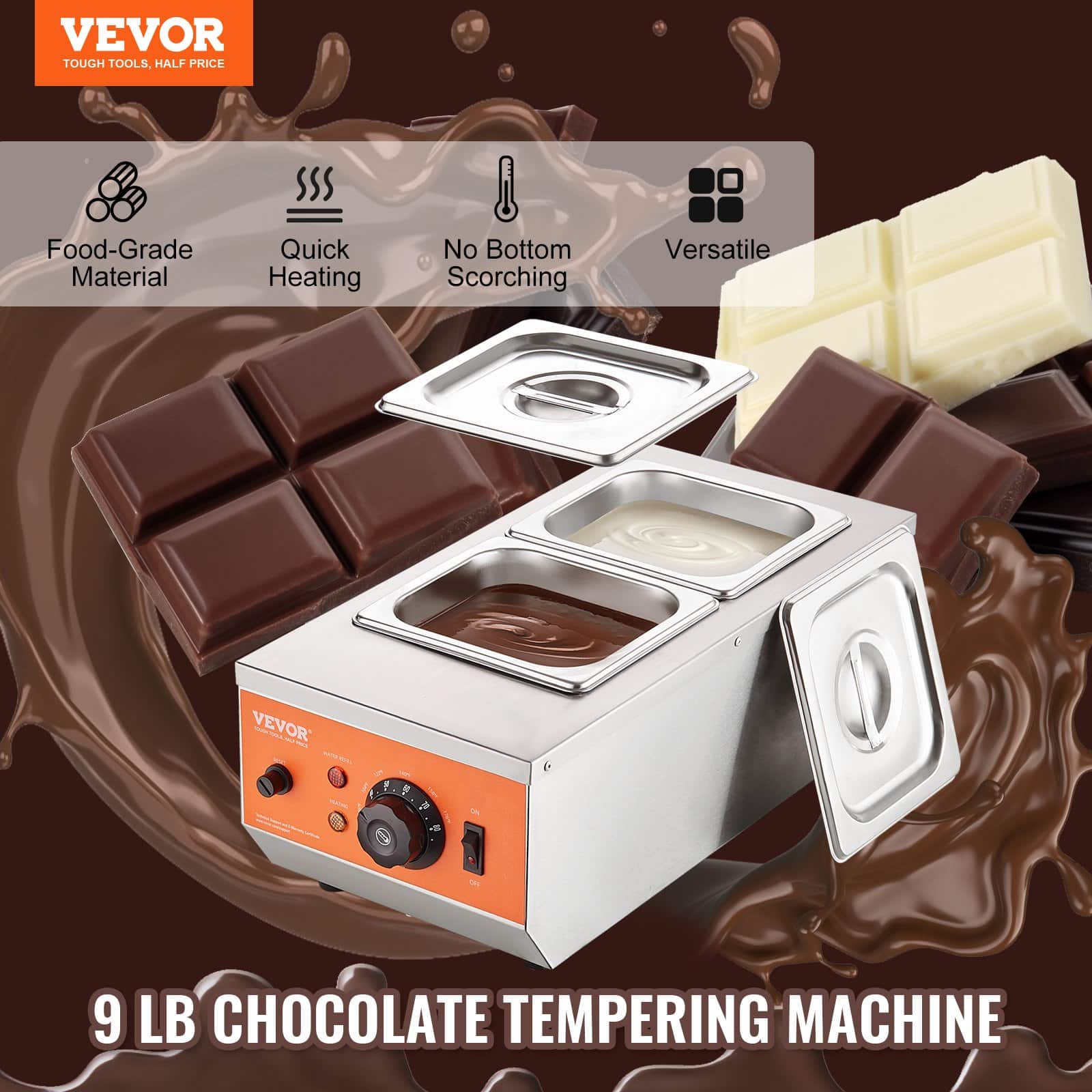 VEVOR 800W Chocolate Tempering Machine with 2 x 1.9L Tanks, 304 Stainless Steel, Precise Temp Control, Fast Heating – Paveikslėlis 2